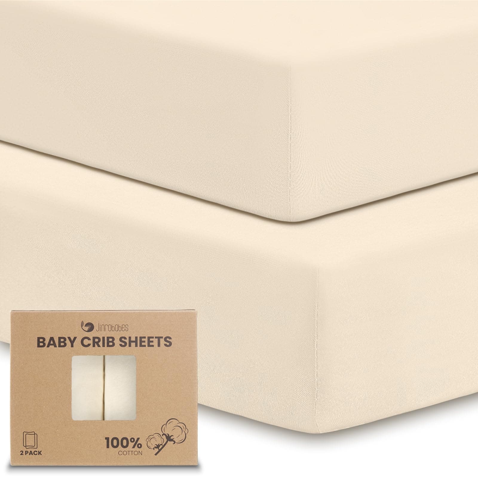 Jinrobabes 2-Pack Baby Crib Sheets for Boys Girls, Thicker 100% Organic Cotton Crib Mattress Sheets Neutral, 52”x28” Crib Sheets Fitted for Standard Crib & Toddler Bed Mattress