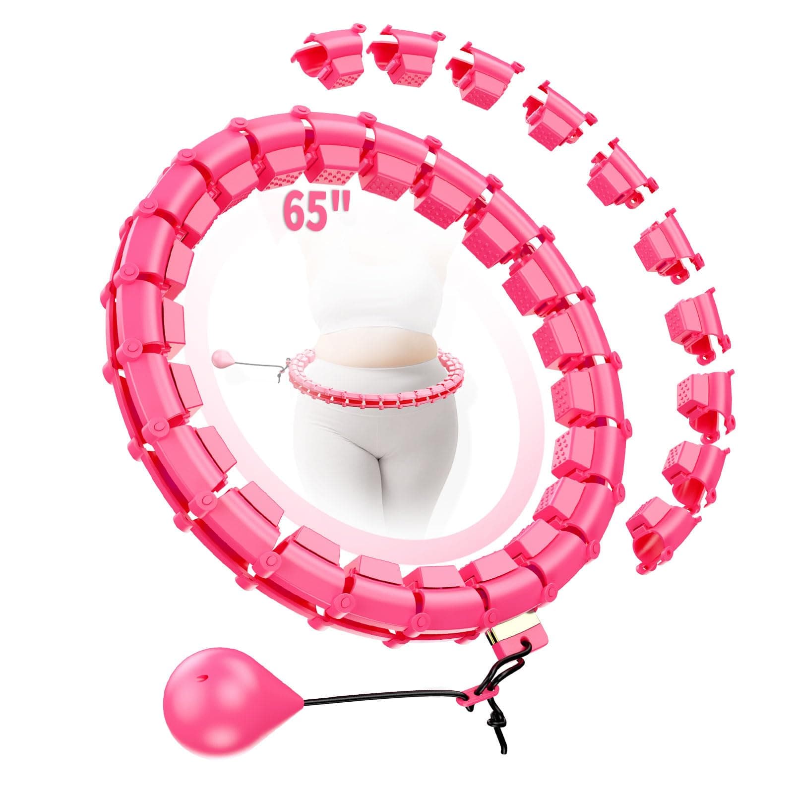 RJOP Weighted Hoop Fitness Circle – 32 Detachable Segments, 65-Inch Plus Size, Efficient Home Fitness and Weight Loss for Adults & Women (Rosy)