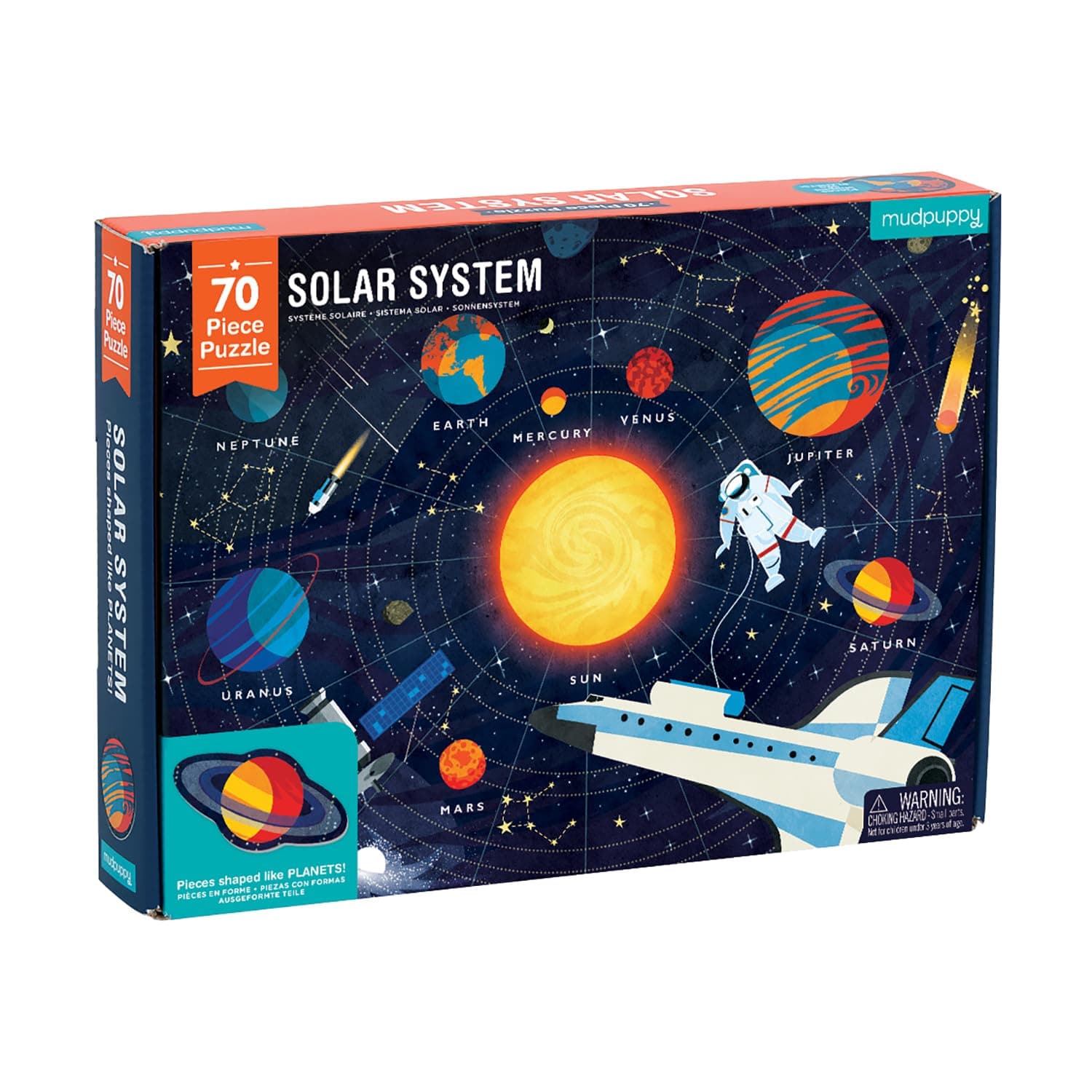 Mudpuppy Solar System Puzzle, 70 Pieces, 23”x16.5”, Great for Kids Ages 5-9, Learn the Solar System with Planet-Shaped Puzzle Pieces, Double-Sided Space Puzzle with Planet Names
