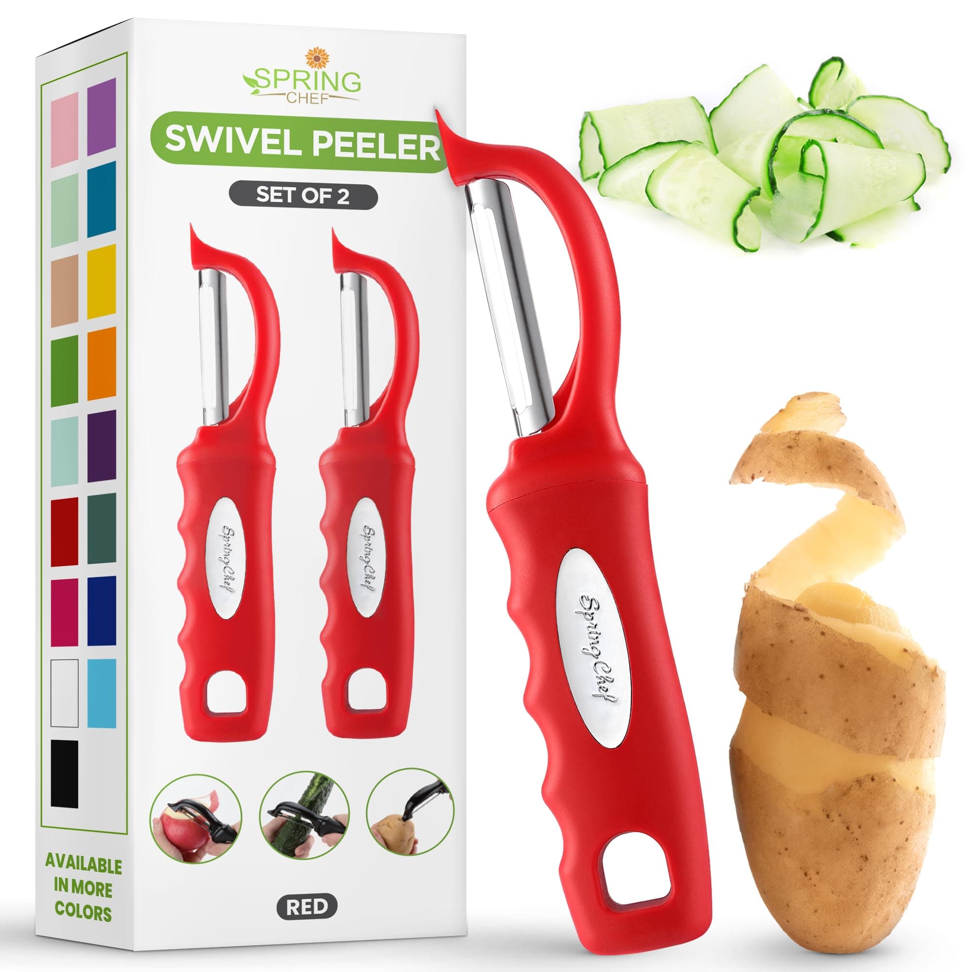 Spring Chef Premium Swivel Vegetable Peeler, Soft Grip Handle and Ultra Sharp Stainless Steel Blades - Perfect Kitchen Peeler for Veggie, Fruit, Potato, Carrot, Apple - Red - Set of 2
