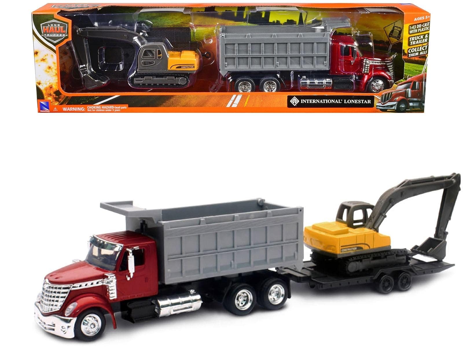 International Lonestar Dump Truck w/Excavator 1:43 Scale 18" DIECAST New Ray Toys #16623 RED