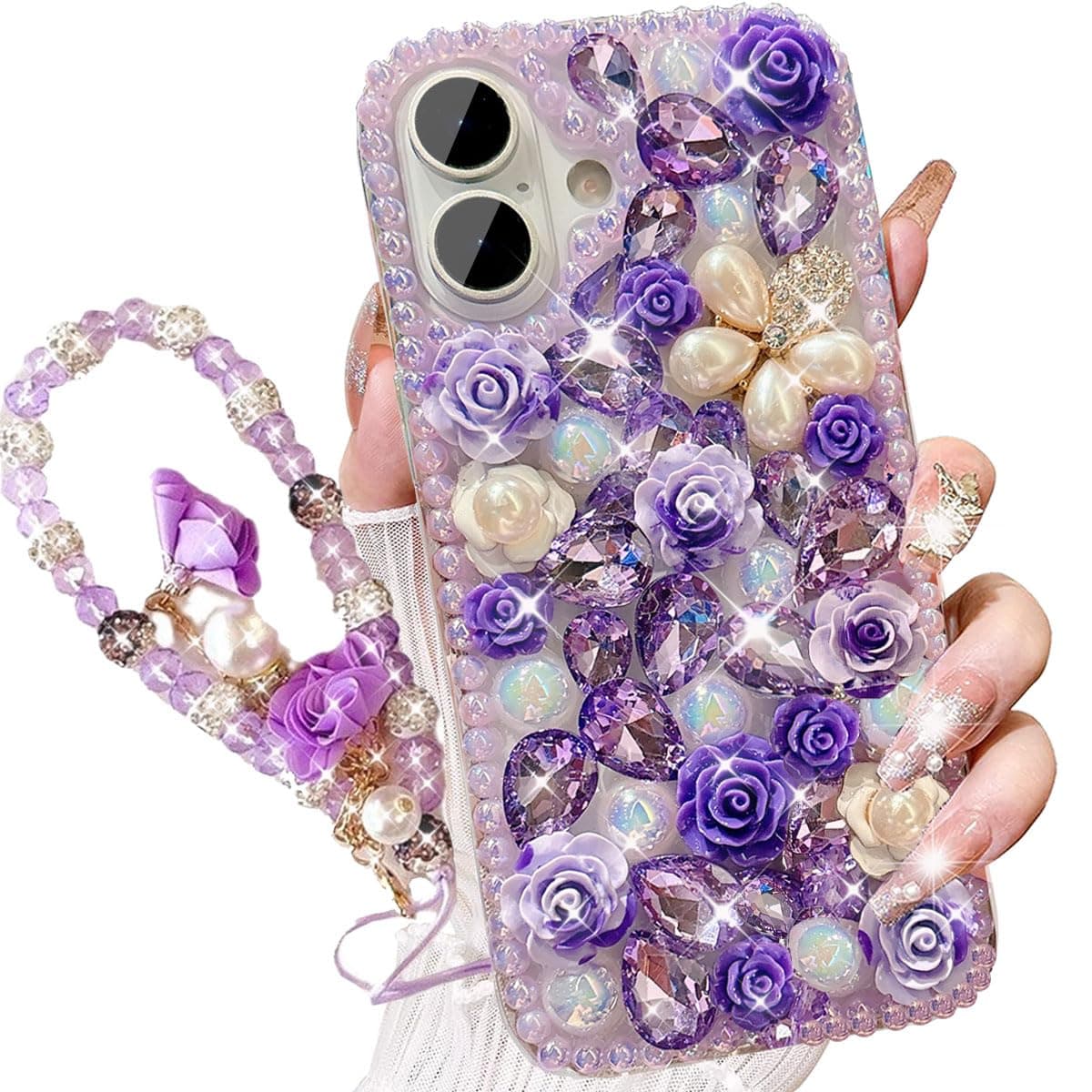 AuroiCCY for iPhone Plus Case,Cute Bling Glitter Sparkle Stunning Stones Diamond Rhinestone 3D Handmade Pearl Rose Flower with Wrist Lanyard for Women Girly for iPhone Plus (Purple)
