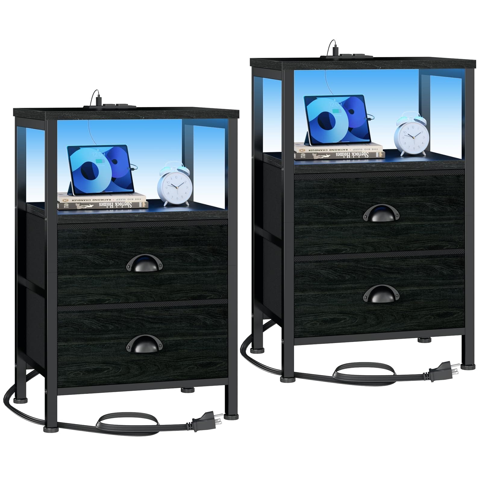 Furologee Nightstands Set of 2, End Tables with Charging Station and LED Lights, Black Night Stands with 2 Fabric Drawers, Bedside Tables Set of 2 for Living Room/Bedroom,Black Oak