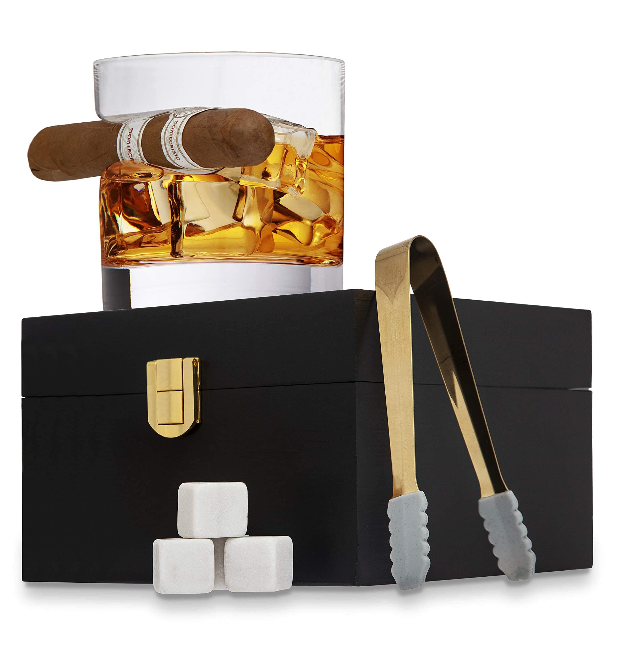 Godinger Cigar Whiskey Glass Wooden Gift Box Set with Old Fashioned Glass, Cooling Whiskey Stones and Tongs Bar Set