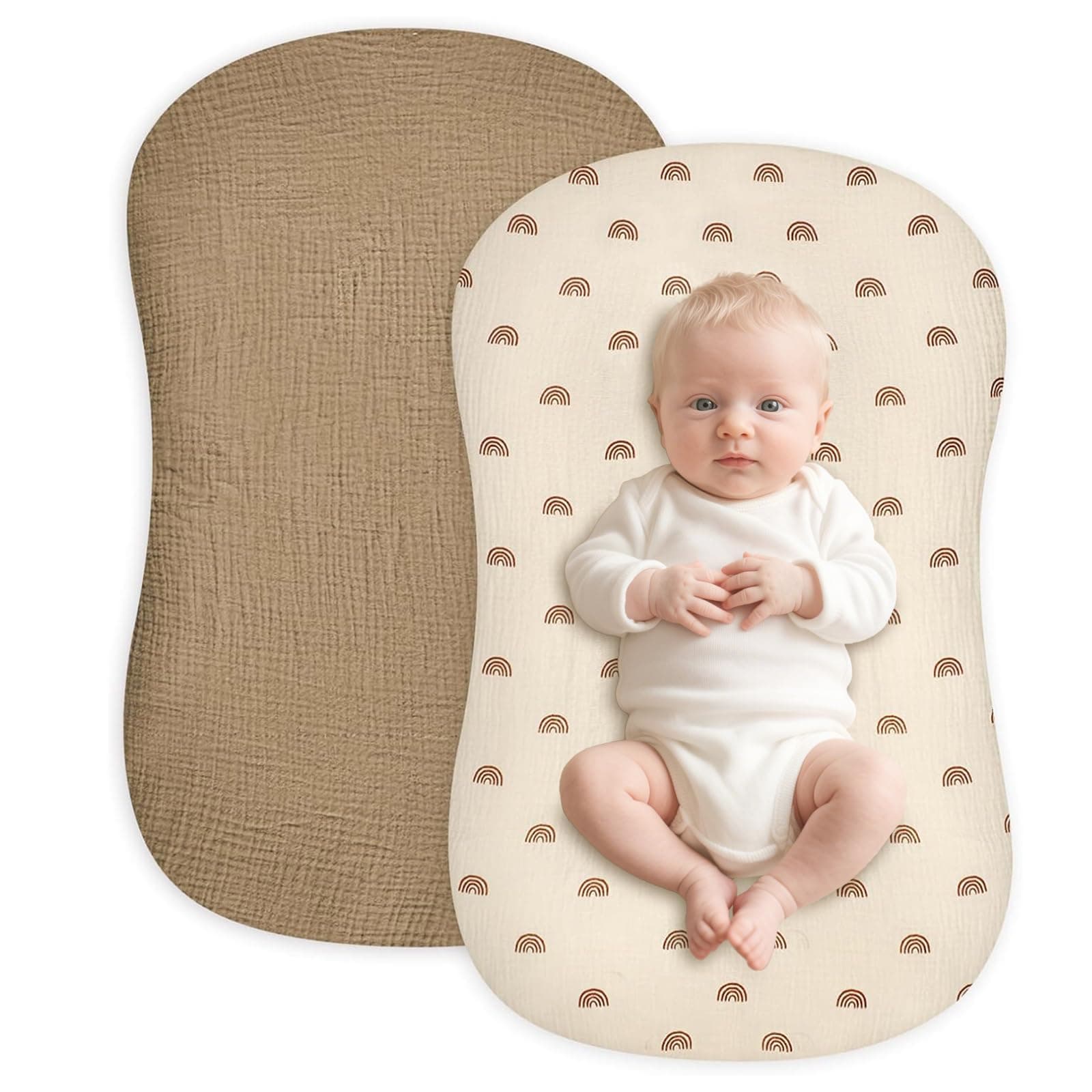 Hooyax Muslin Baby Lounger Cover 2 Pack, Soft and Breathable Newborn Lounger Cover, Adorable Baby Nest Slipcover for Boys Girls, Covers Only (Brown, Rainbow)