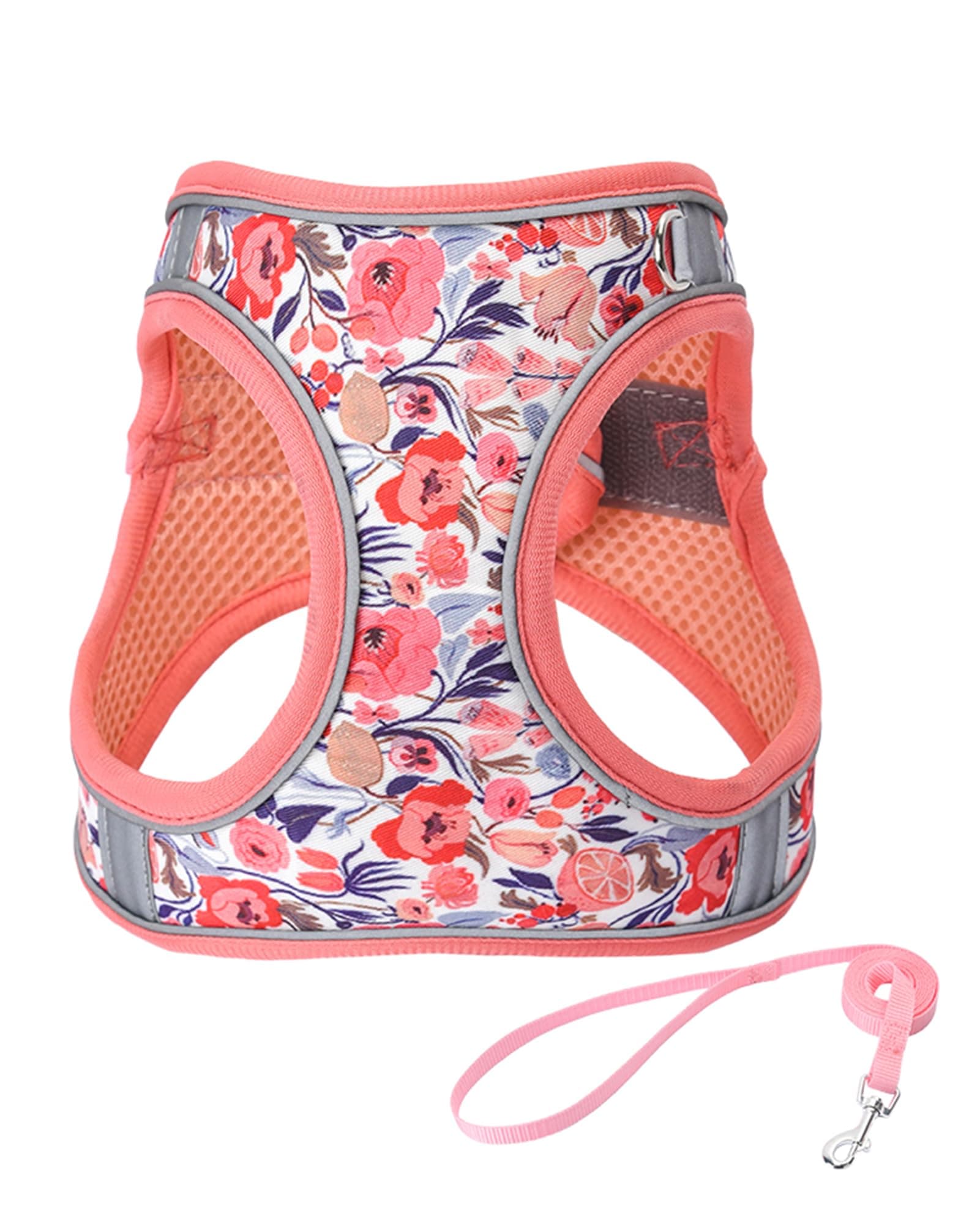 JUFOO S Peach Flower Pattern Dog Harness and Leash Set,No Escape Puppy Harnesses for Training Walking,Breathable Adjustable Puppy Vest for Small Medium Dogs, Cats (Peach, S)