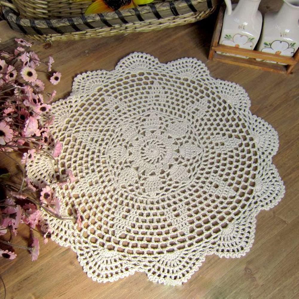 Laivigo New Handmade Crochet Lace Round Placemat Doilies Doily,14 Inch,Beige