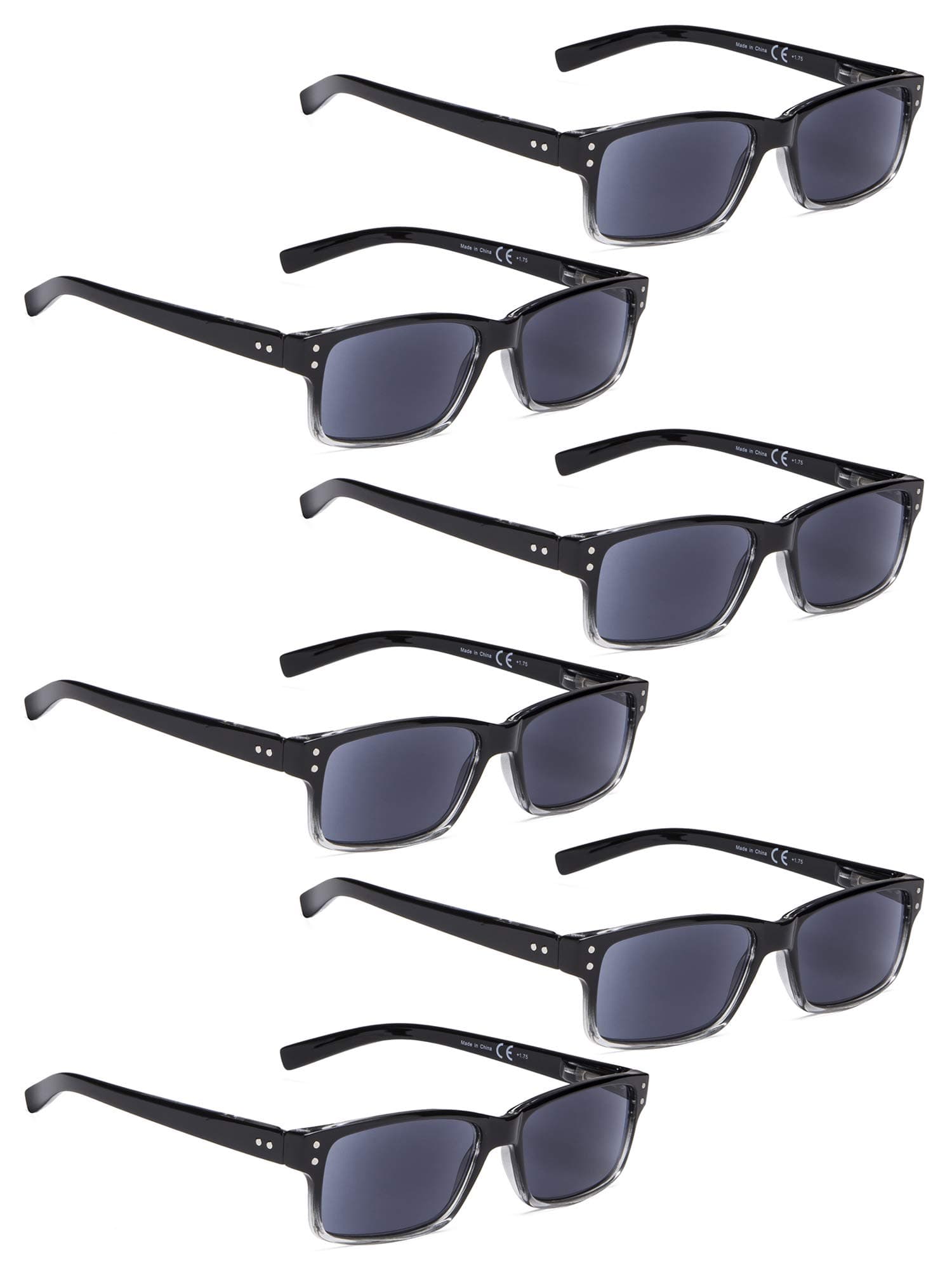 READING GLASSES 6 Pack Spring Hinge Comfort Plastic Sunshine Readers (GreyLens, 1.25?