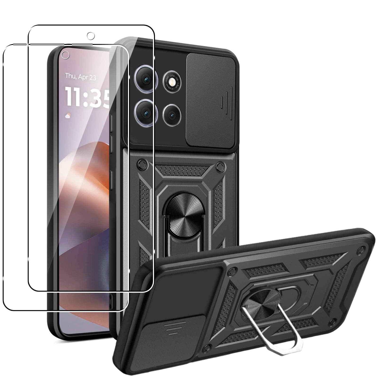 GEJEFA Case for Motorola Moto G86/G86 Power 5G + 2 Pack Screen Protector, Ring Kickstand Military Grade TPU&PC Hybrid Protective Rugged Case with Sliding Camera Cover, Black