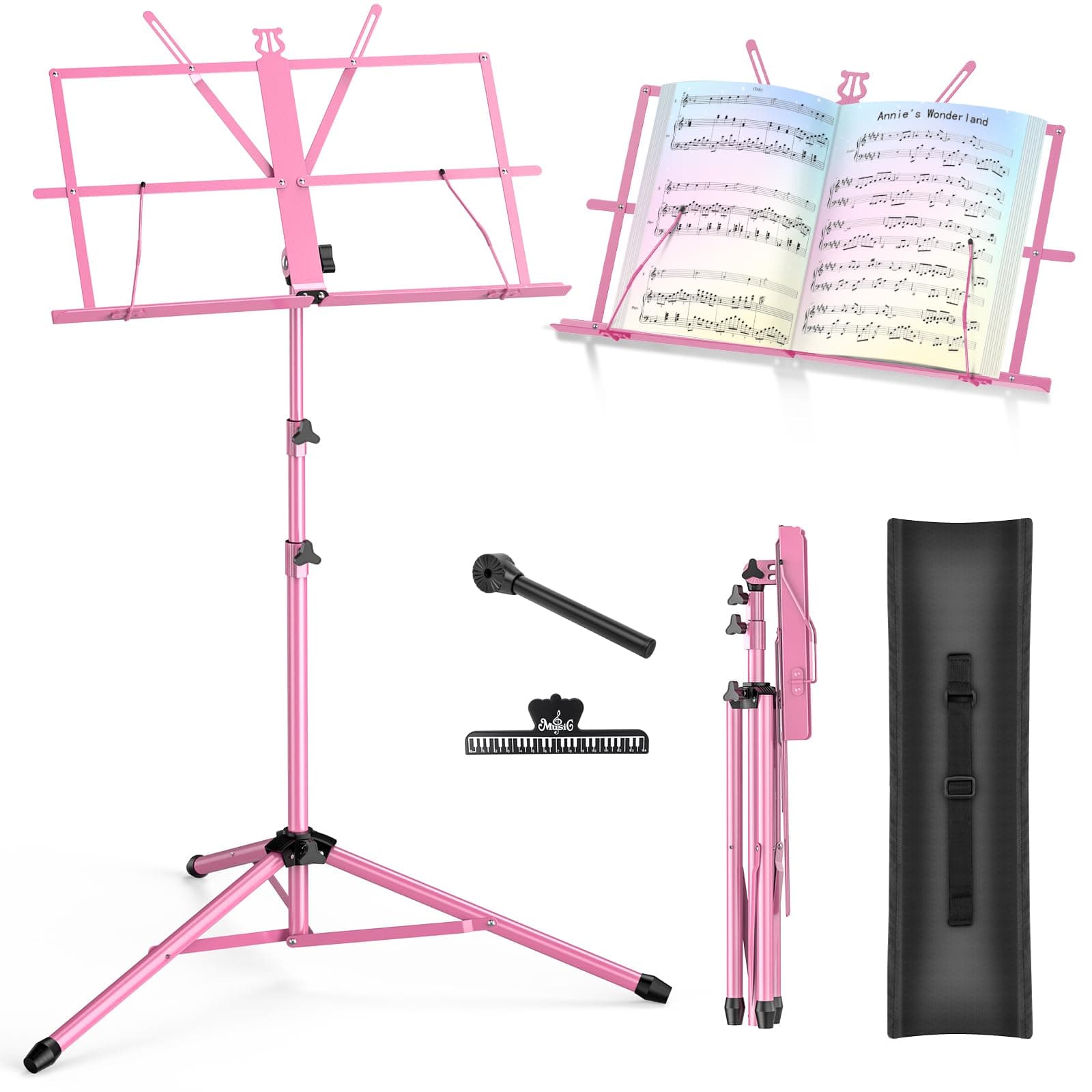 Music Stand New bee Foldable & Portable Metal Sheet Music Stand with Carrying Bag, Adjustable Podium Stand with Tripod Base and Sheet Music Folder - Pink