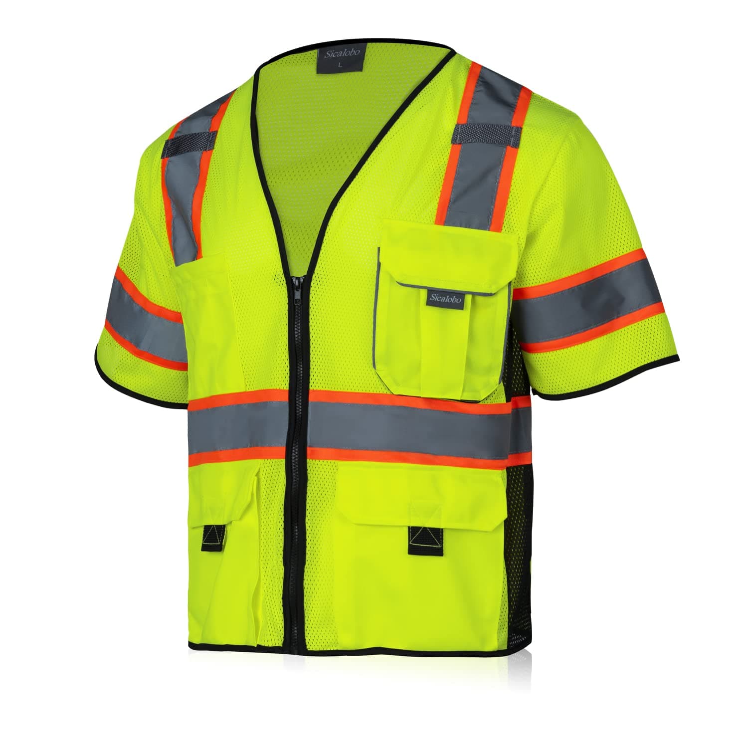 Sicalobo Men's High Visibility Mesh Vest with 10 Pockets,Class 3 Hi Vis Reflective Zipper Safety Vest,Construction Work Vest, Yellow, X-Large