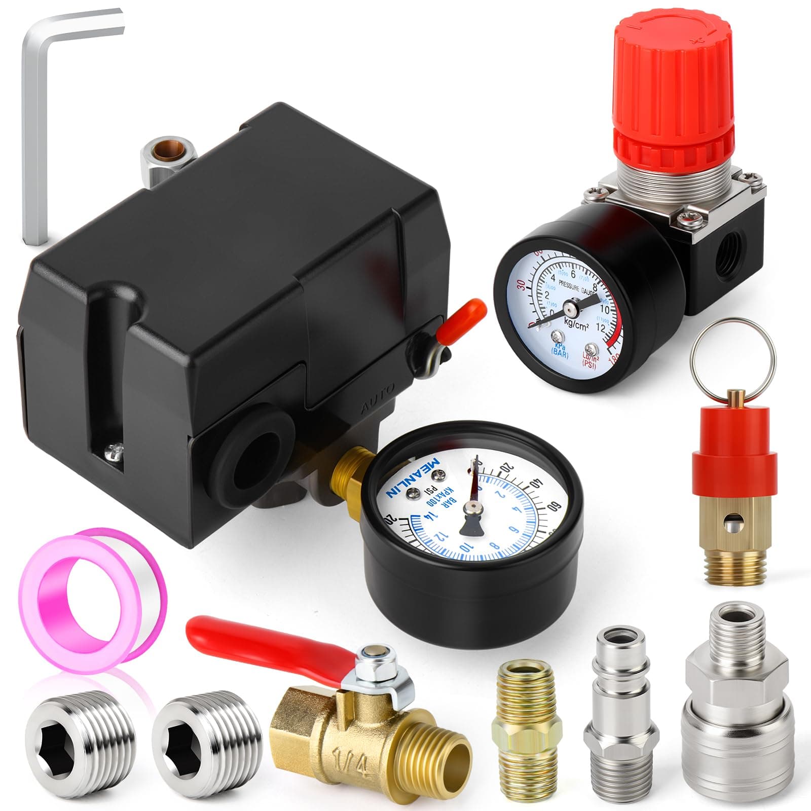MEANLIN MEASURE Air Compressor Pressure Switch Control Valve 135-175 PSI 110V-240V 4-way Replacement Parts With 0-180 Psi Air Compressor Regulator and Safety Pressure Relief Valve
