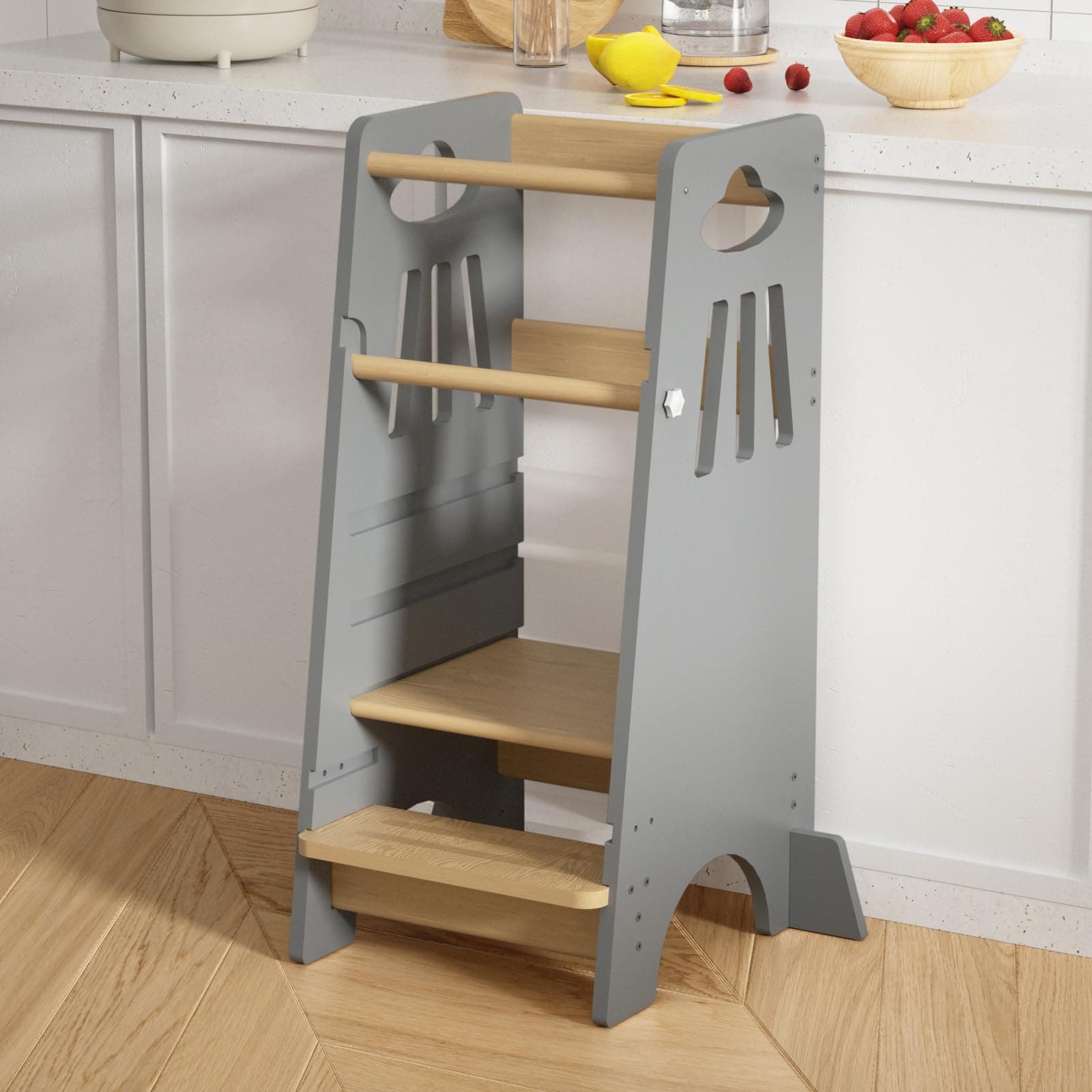 XJD Toddler Tower Adjustable Height - Sturdy Wooden Kitchen Step Stool for Kids Learning, 3-Level Toddler Kitchen Stool Helpper with Safety Rail (Blue Grey)