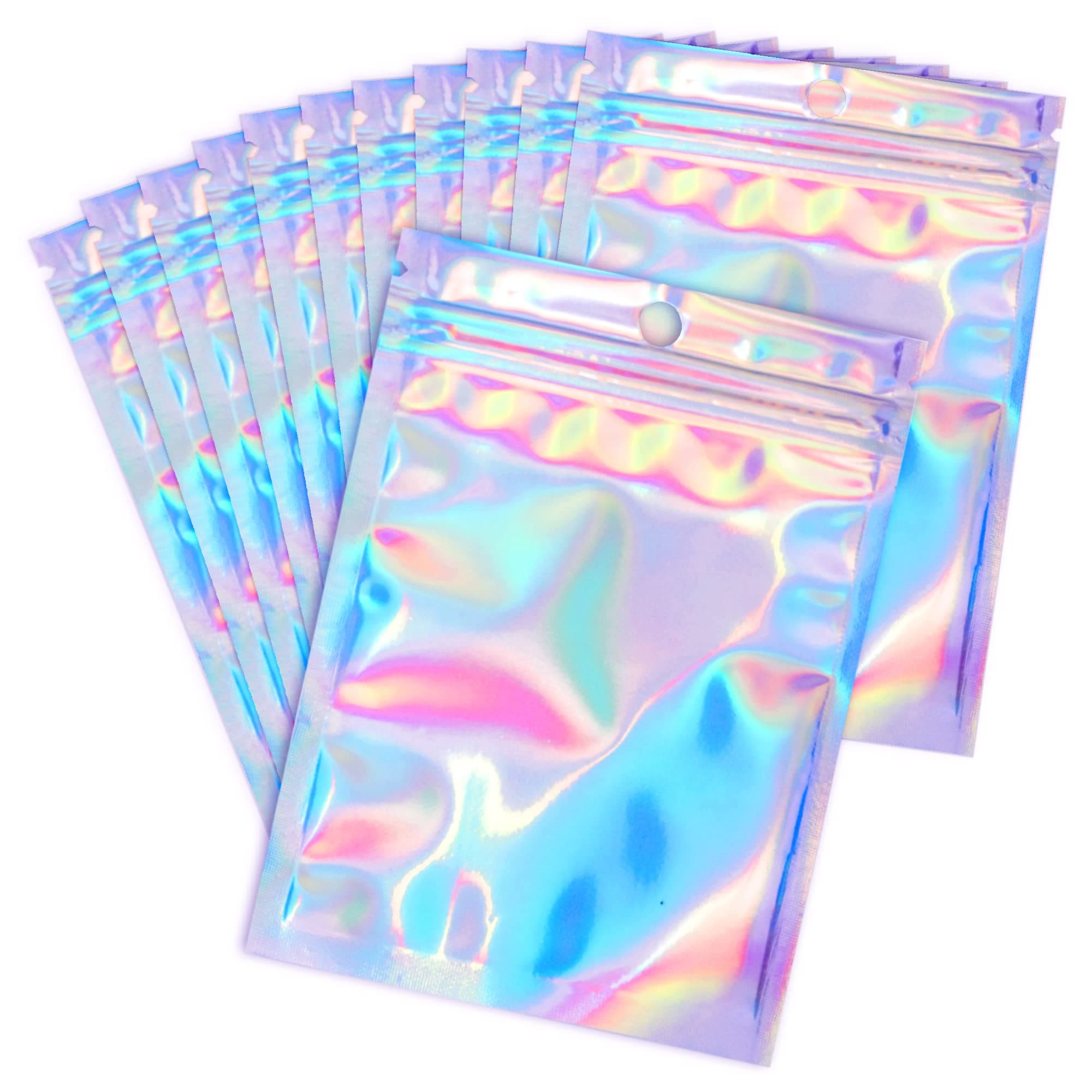 Durimoiy 100 Pieces Resealable Mylar Storage Bags, Flat Clear Plastic Packaging Bags, Holographic Color Heat Sealable Zipper Aluminum Foil Bags, Candy, Coffee Beans, Cookie(3.1 x 5 Inch)