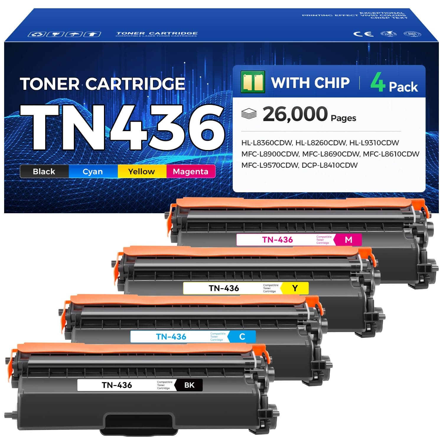 TN436 Toner Cartridge Set 4-Pack Printer Replacement Compatible for Brother TN-436 TN433 TN431 MFC-L8900CDW MFC-L8690CDW HL-L8360CDW HL-L8260CDW MFC-L8610CDW MFC-L8905CDW MFC-L9570CDW HL-L8360CDWT Ink