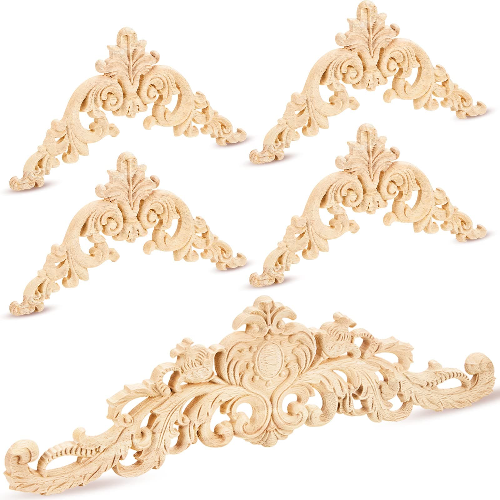 Yalikop 5 Pieces Wood Appliques and Onlays Wood Appliques for Furniture Decorative Wooden DIY Carved Onlay for Bed Door Cabinet Wardrobe Furniture Decoration(Large Size)
