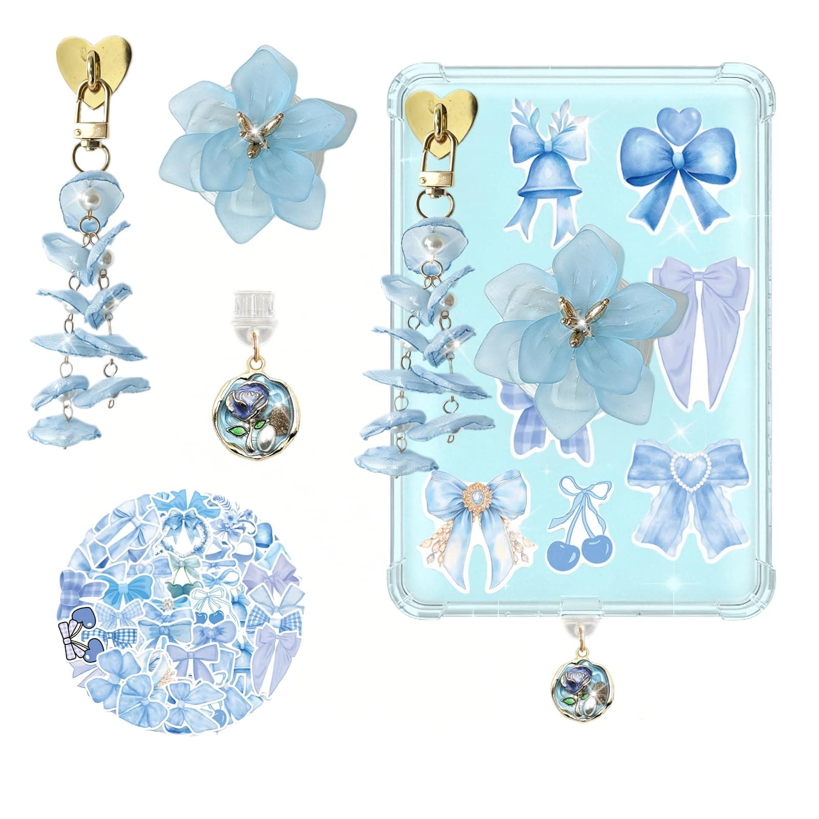 Cute Charms Accessories Set for Kindle, E-Readers, Phones & Tablets - Type-C Dust Plug Charm, Vintage Grip Holder, Keychain & Stickers - Compatible with Kindle Paperwhite 11th/12th (Ice Blue)