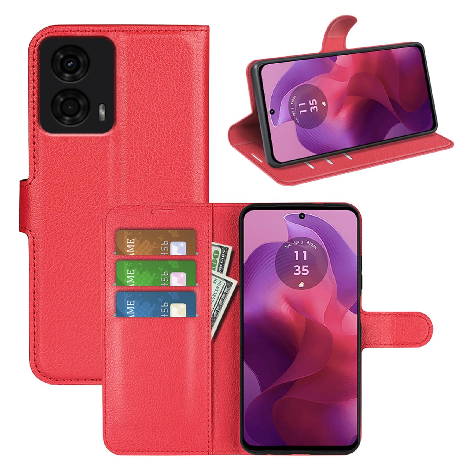 Flip Case for Motorola Moto G04 / G24 / G04S / E14 Wallet Leather Magnetic Protective Cellphone Case Folio Book Cover with Stand & Card Slots (Red)