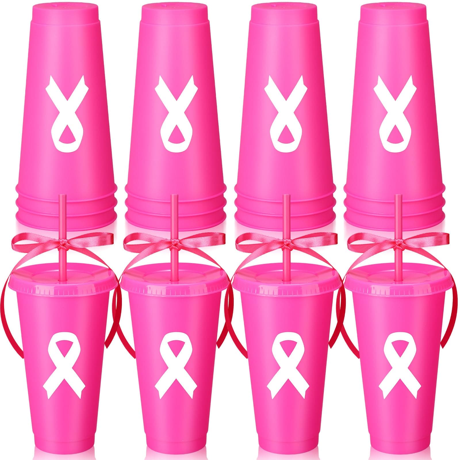 Potchen 16 Pcs Breast Cancer Awareness Plastic Cups with Lids and Straws Bulk 24 oz Pink Ribbon Cups Gifts for Women Disposable Drinking Tumblers for Breast Cancer Awareness Survivor Gift Accessories