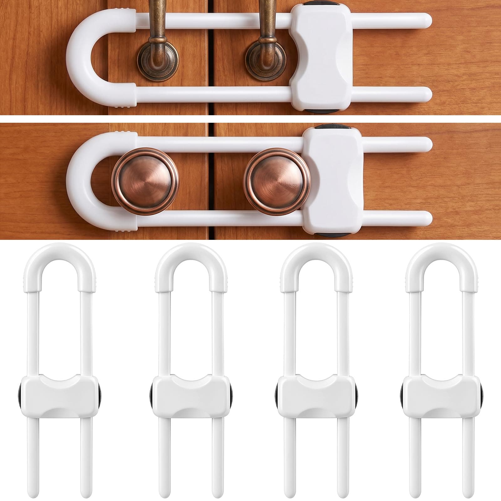 4Pcs Cabinet Locks for Baby Proof, Child Proof Cabinet Latches U-Shaped, Child Safety Cabinet Locks for Handles Drawers Closet Fridge White