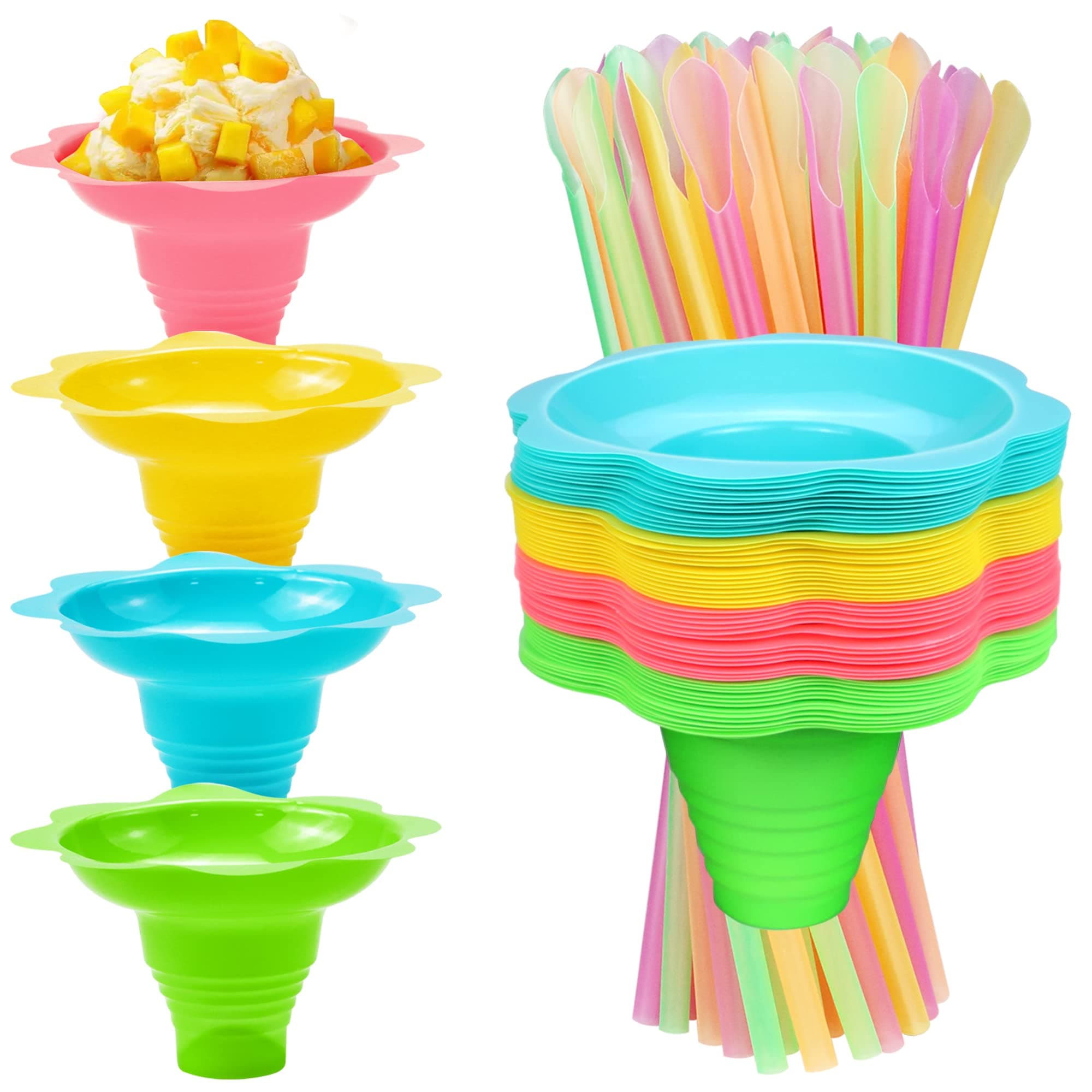 Oomcu 50 PCS Colorful Flower Snow Cone Cups with Cone Spoon Straws,Small Plastic Shaved Ice Drip Cones Snack Ice Cream Supplies for Holiday Kids Party Birthday Summer (8 OZ)