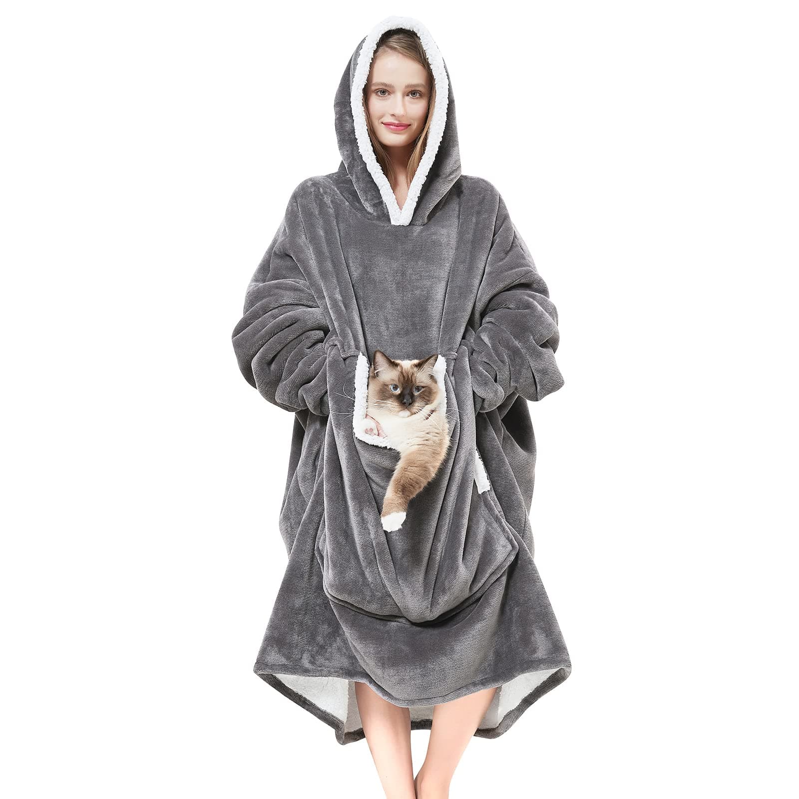 Cozystar Wearable Blanket Hoodie with Giant Pocket (Pet Won't Leave) Extra Soft Sherpa Fleece Thick Warm & Cozy Oversized Sweatshirt Blanket Jacket with Sleeves-Grey