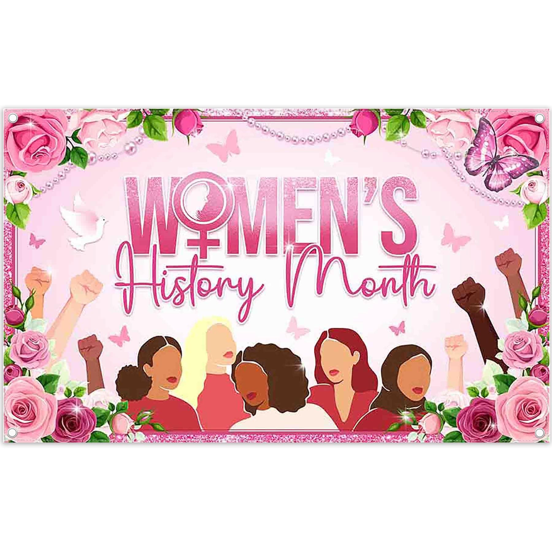 ZTHMOE Fabric 72x43inch Women's History Month Backdrop Female Liberation National Pink Floral Photography Background Women School Office Party Decorations Photo Banner