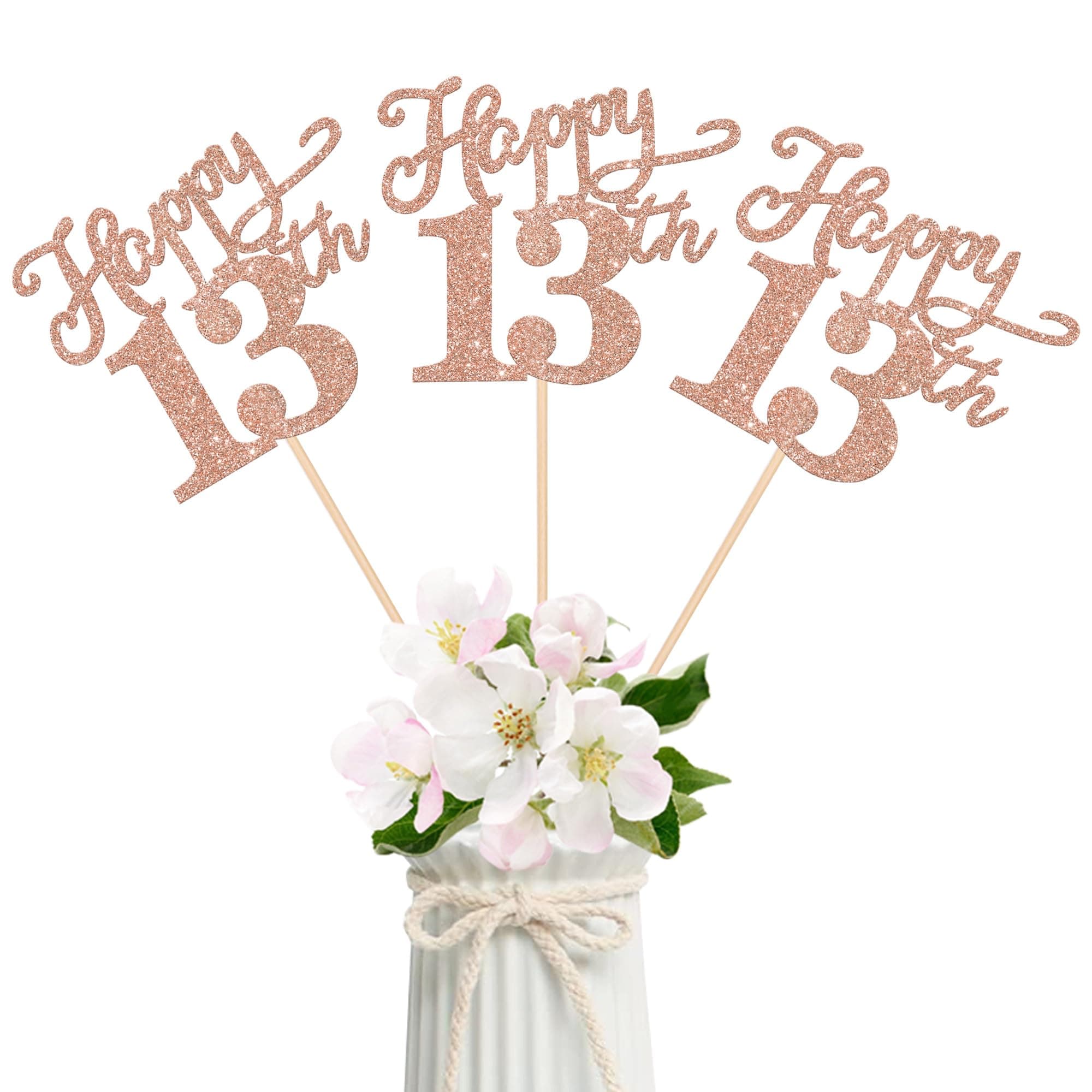 12 Pack Happy 13th Birthday Party Decorations, Glitter Happy 13th Birthday Centerpiece Sticks for Table, 13 Fabulous Table Toppers for 13th Birthday Anniversary Party Table Decorations Rose Gold