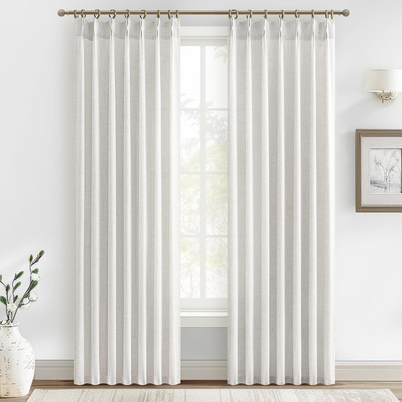 Custom 88 Inch Beige White Pinch Pleat Nursery Curtains 2 Panels Set, Light Filtering Memory Trained Thick Natural Linen Sheer Windows Drapes Privacy Neutral Curtain with Hooks & Rings for Kids Room