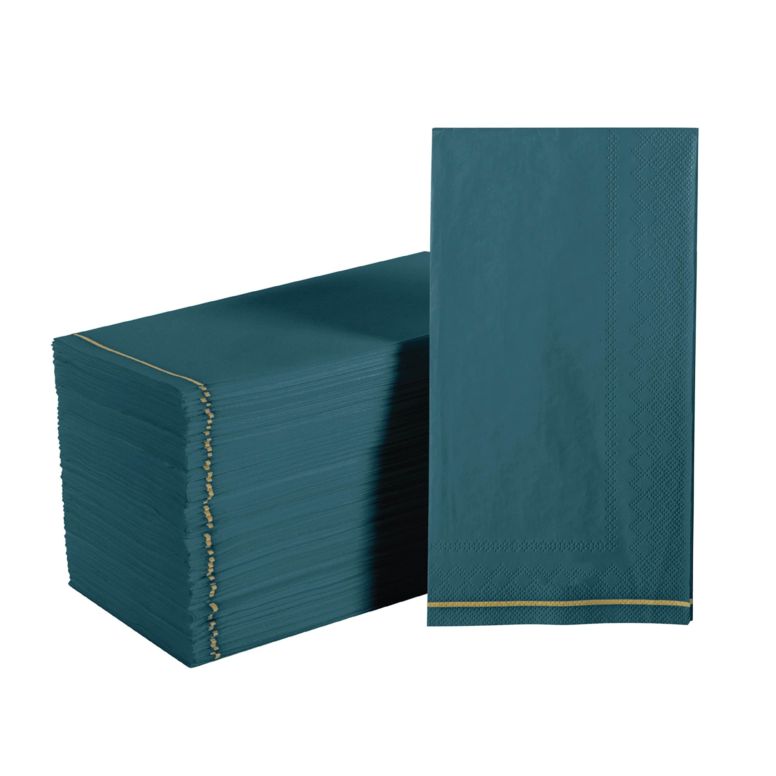 Luxe Party 112 Pack Dinner Napkins, Disposable, Premium 3 Ply Paper, Rectangular, Decorative Guest Place Setting, Teal with Gold Stripe