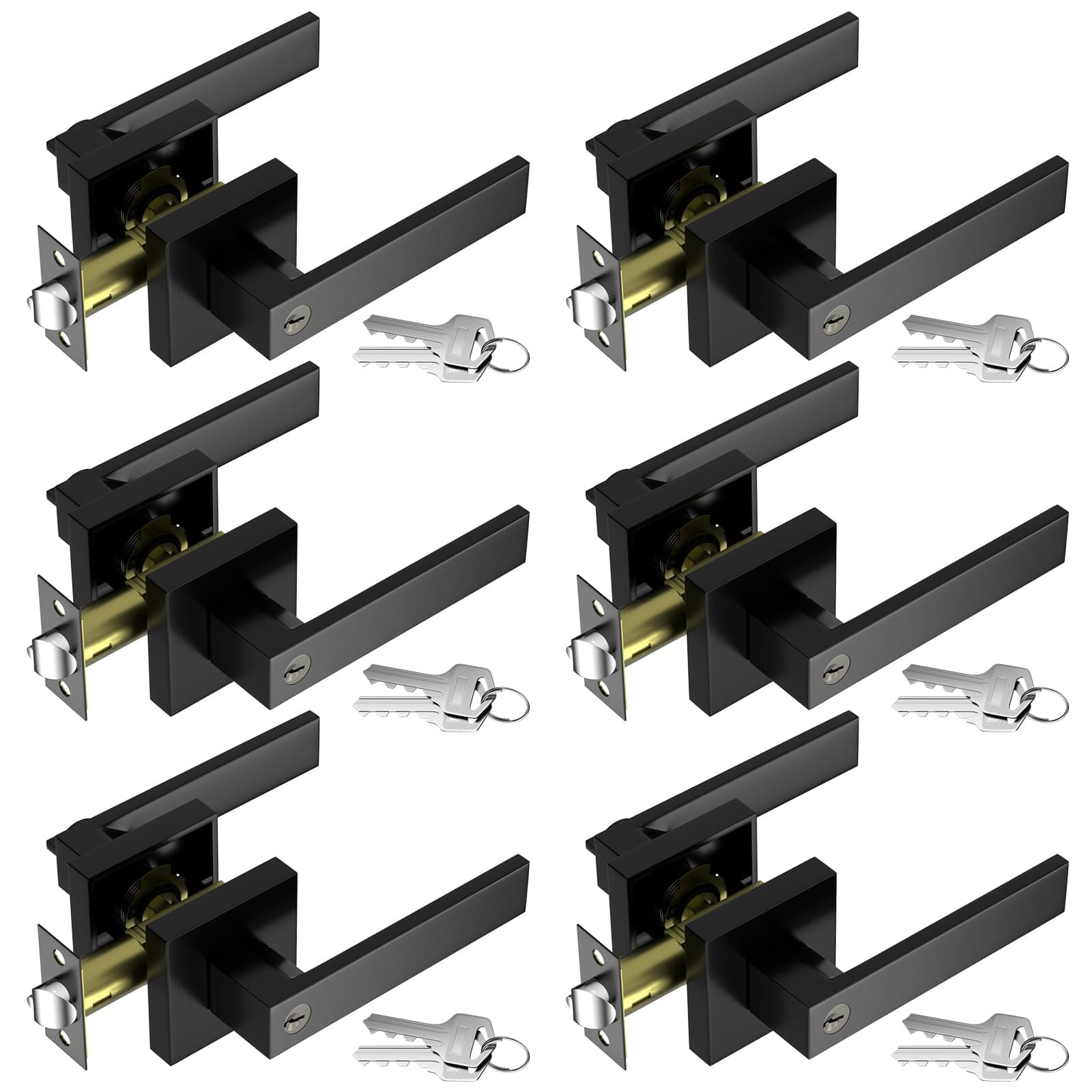 6 Pack Door Handle Set, Black Door Knob Exterior, Keyed Entry Door Locks