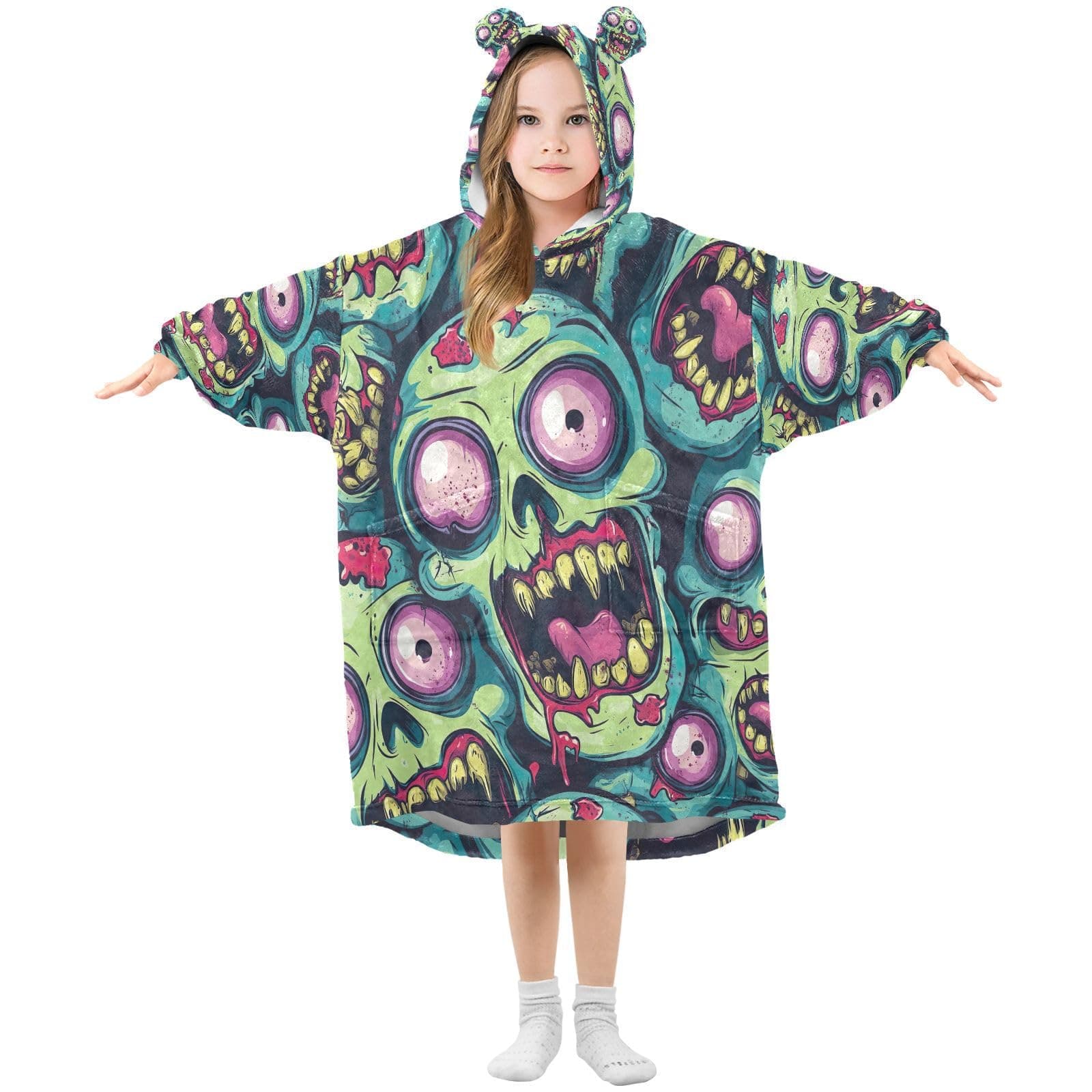 Joisal Cool Racing Car Black Wearable Blankets Warm Kids Hooded Blanket with Pocket Funny Birthday Gifts, Creepy Green Zombies, Small