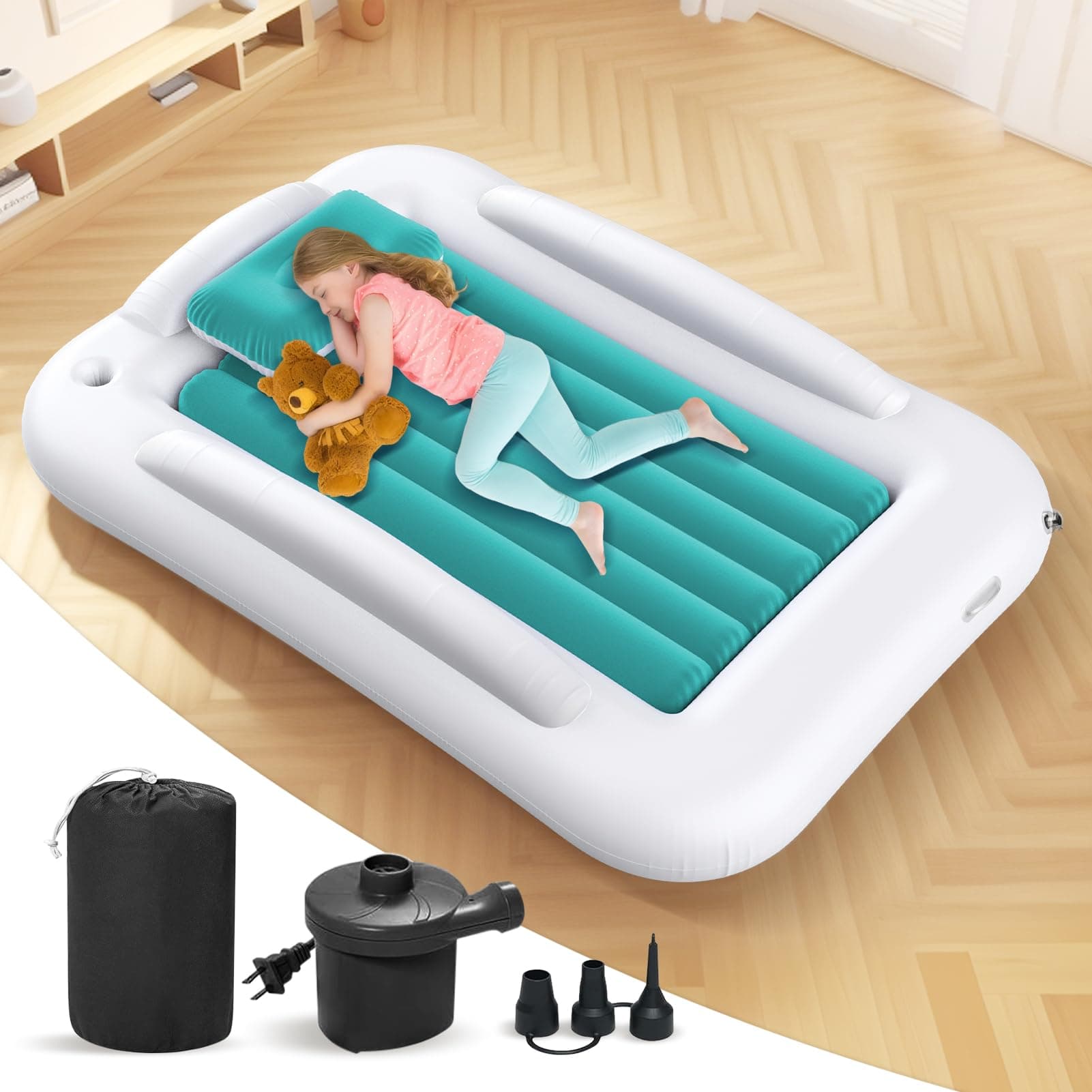 Deeteck Inflatable Toddler Travel Bed:Comfortable Mattress for todders - Portable Kids Air Mattress with Pillow & Pump & Carry Bag