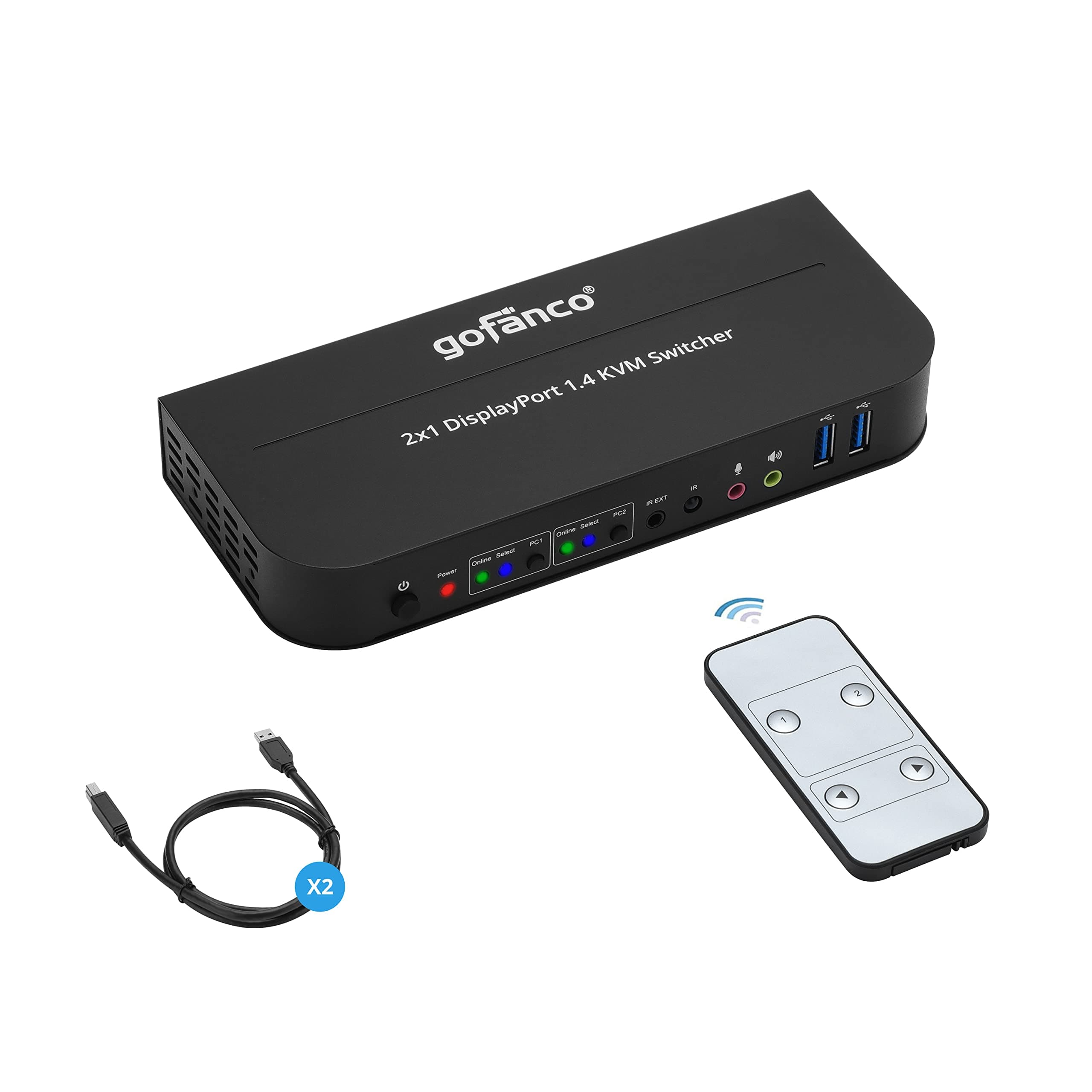 gofanco 2-Port DisplayPort KVM Switch with USB 3.0 - DisplayPort 1.4, 4K@60Hz 4:4, HDR, HDCP 2.2/1.4, USB Keyboard/Mouse, USB 3.0 Hub, MIC input, Stereo Output, IR Remote, Shortcut