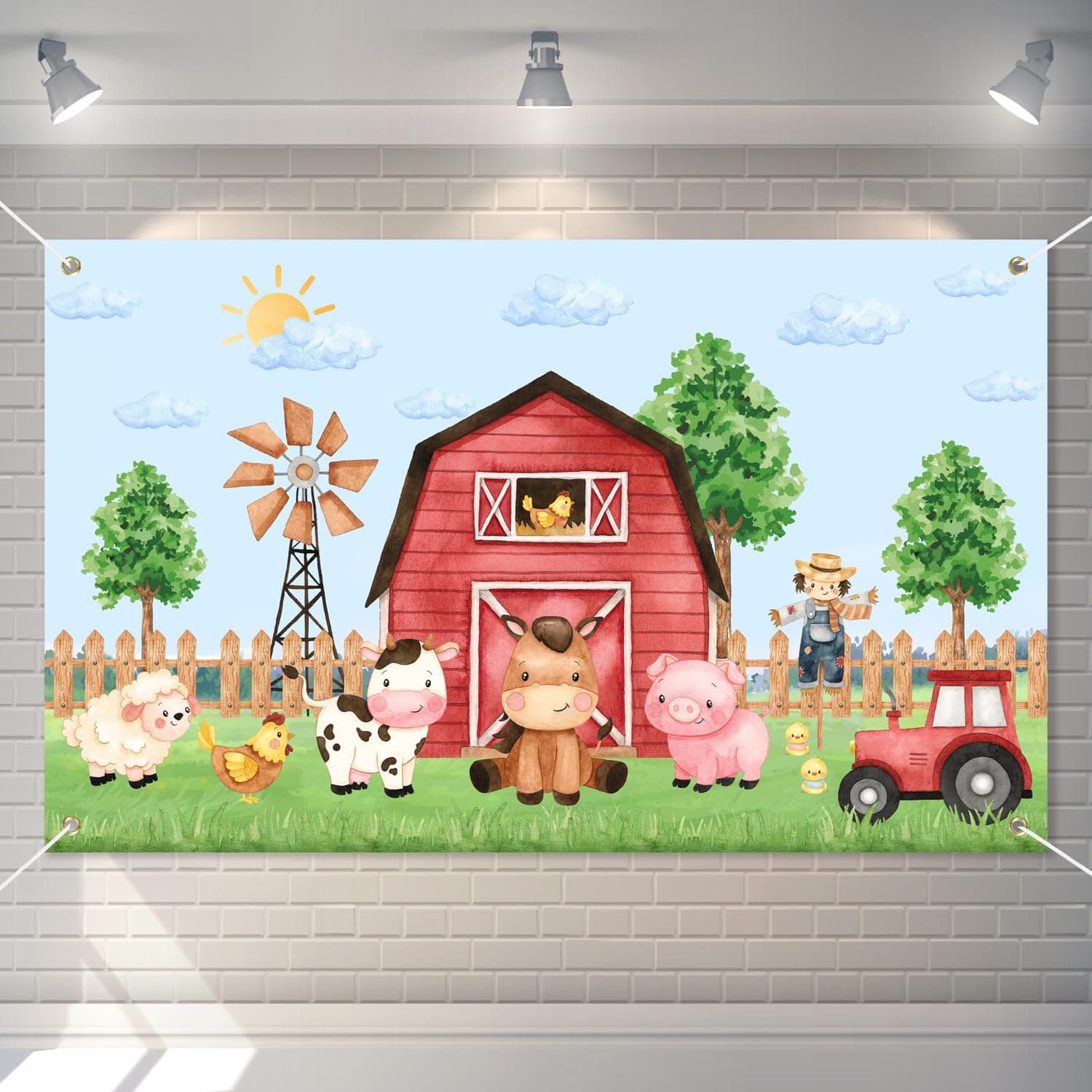 Watercolor Farm Birthday Decorations Backdrop Banner for Boys Girls, Large Size 3 x 5Ft Barnyard Animal Backdrop Banner Baby Shower Party Supplies