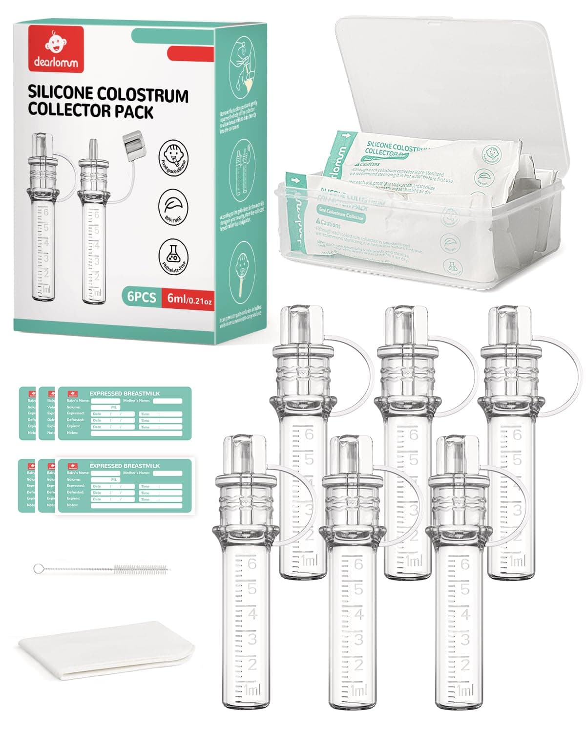 dearlomum Colostrum Collector Kit Breast Milk Collector 6ml/6pcs,Reusable, Heat & Freezer Resistant, BPA-Free, with Cotton Cloth Wipe, Storage Case