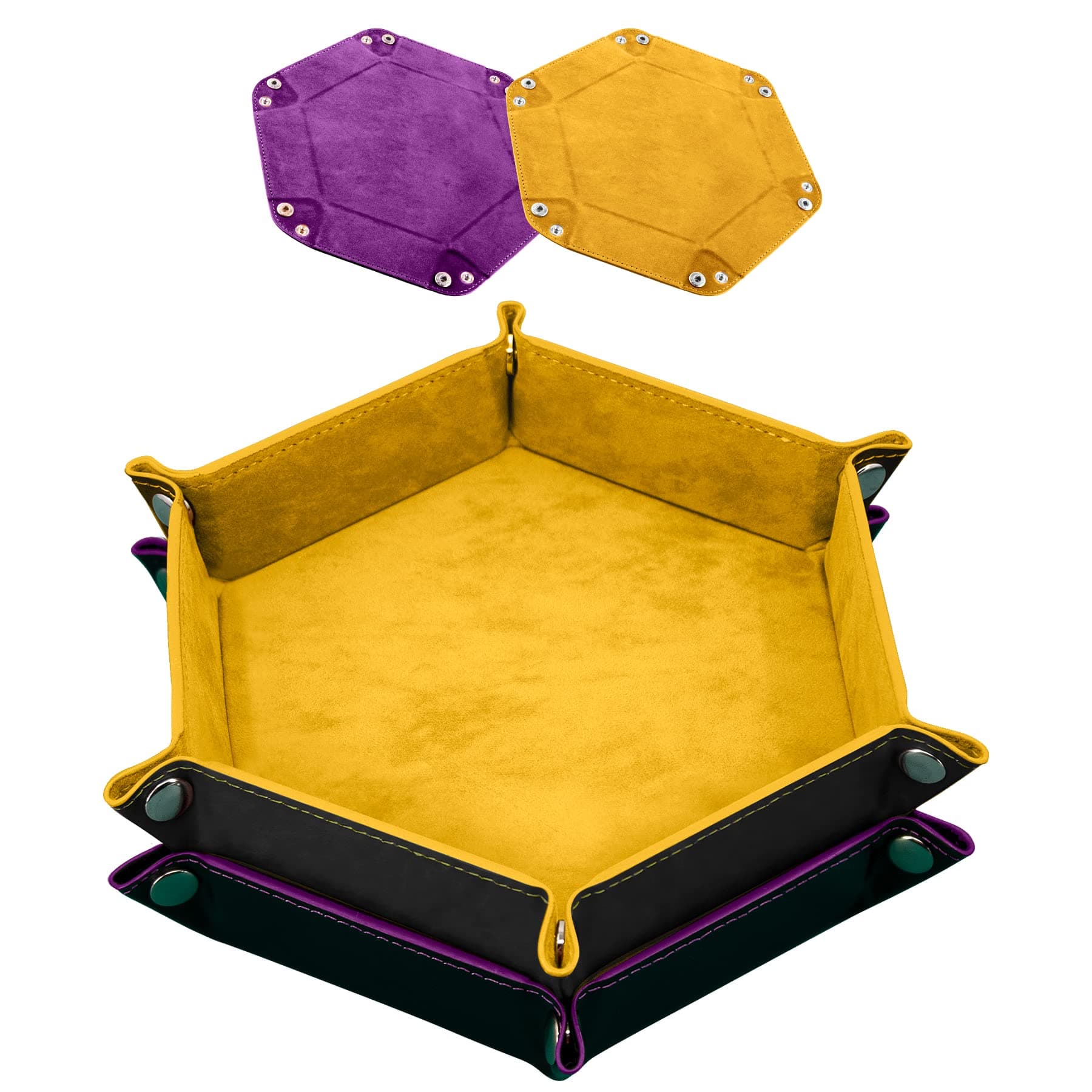 SIQUK 2 Pieces Folding Dice Tray Velvet Hexagon Tray Dice Rolling Tray PU Leather Holder for RPG DND Dice Table Games, Yellow and Violet