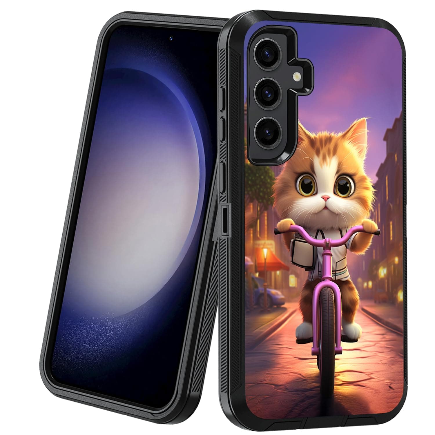 BXIKEOPIU for Samsung Galaxy S24 Case, Heavy Duty 3-Layer Shockproof Dust/Drop Proof Full-Body Rugged Protective Cover for Samsung Galaxy S24 5G (6.2", 2024), Cute Cat Riding Bicycle