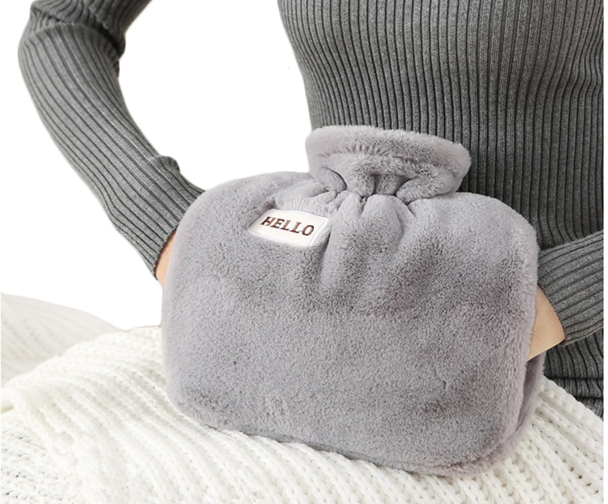 iEasey Hot Water Bottle with Fleece Cover UK 1.2L Winter Hand Warmer Muff Fluffy Rubber Hot Water Bag Massaging Hot Cold Therapy for Pain Relief, Neck and Shoulders, Menstrual Cramps, Feet Warmer