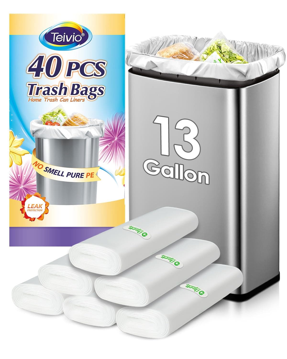 Teivio Tall Kitchen Clear Trash Bags 13 Gallon 40 Count Garbage Bags
