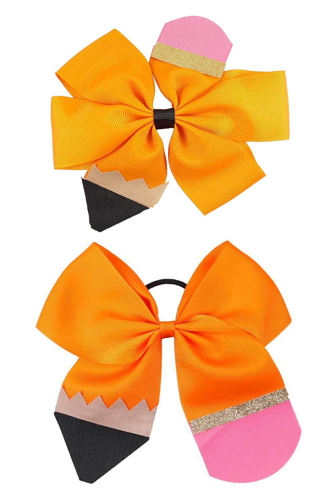 School Bow Cheer Bow Clip, Back to School Hair Bow Ponytail Holder, Pencil Girls Hair Clips ZFJ26 (Orange Set)