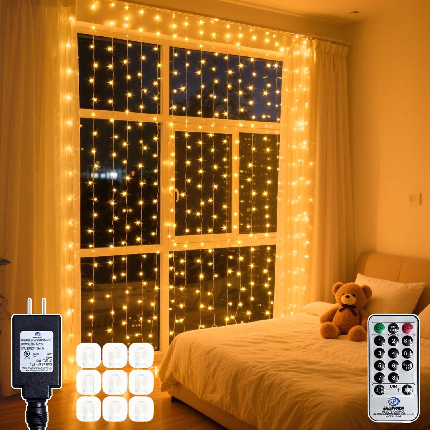 200 LED Warm White Curtain String Lights 9.8x6.6FT, Plug in Fairy Lights with 9 Hooks, Dimmable, Timer & 8 Modes, IP44 Waterproof, Bedroom Wall Wedding Party Christmas Indoor Outdoor Decor