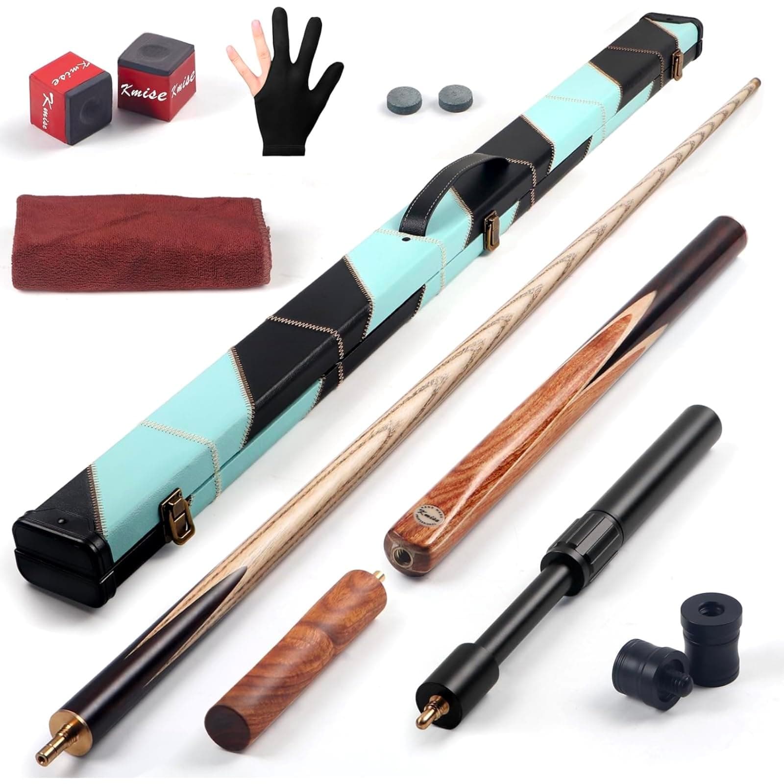 Kmise 3/4 Split Snooker Pool Cue, Handcraft, 4-Face Spliced Professional Snooker Pool Stick, Pool Sticks for Adults, with 2 Extension Cues, Complete Cue Set (20oz