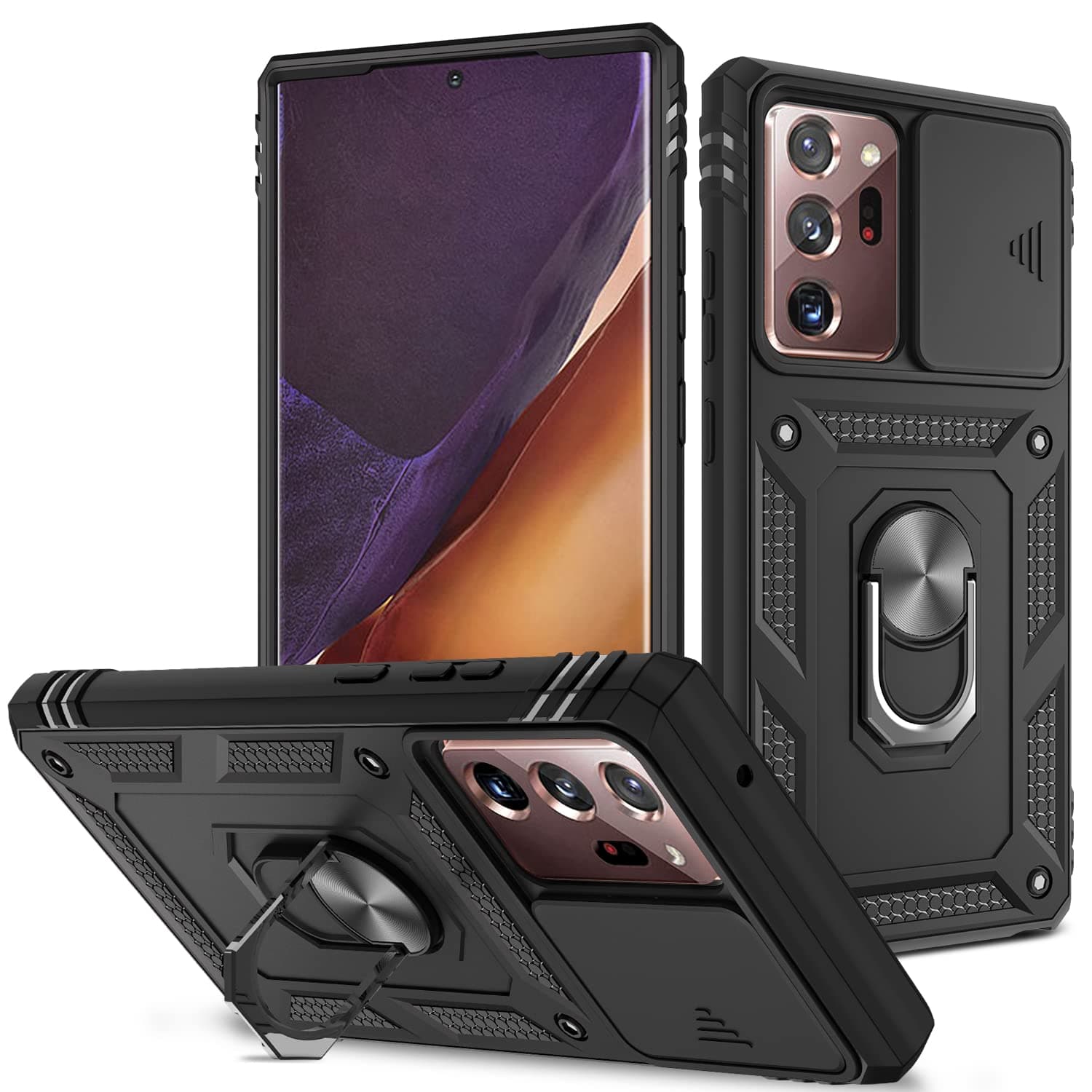 WMYUHAN for Note 20 Ultra Case, Military Grade Drop & Shock Protection Cell Phone Cover with Slide Camera Cover Built-in 360° Rotate Ring Stand for Samsung Galaxy Note 20 Ultra 6.9 - Black