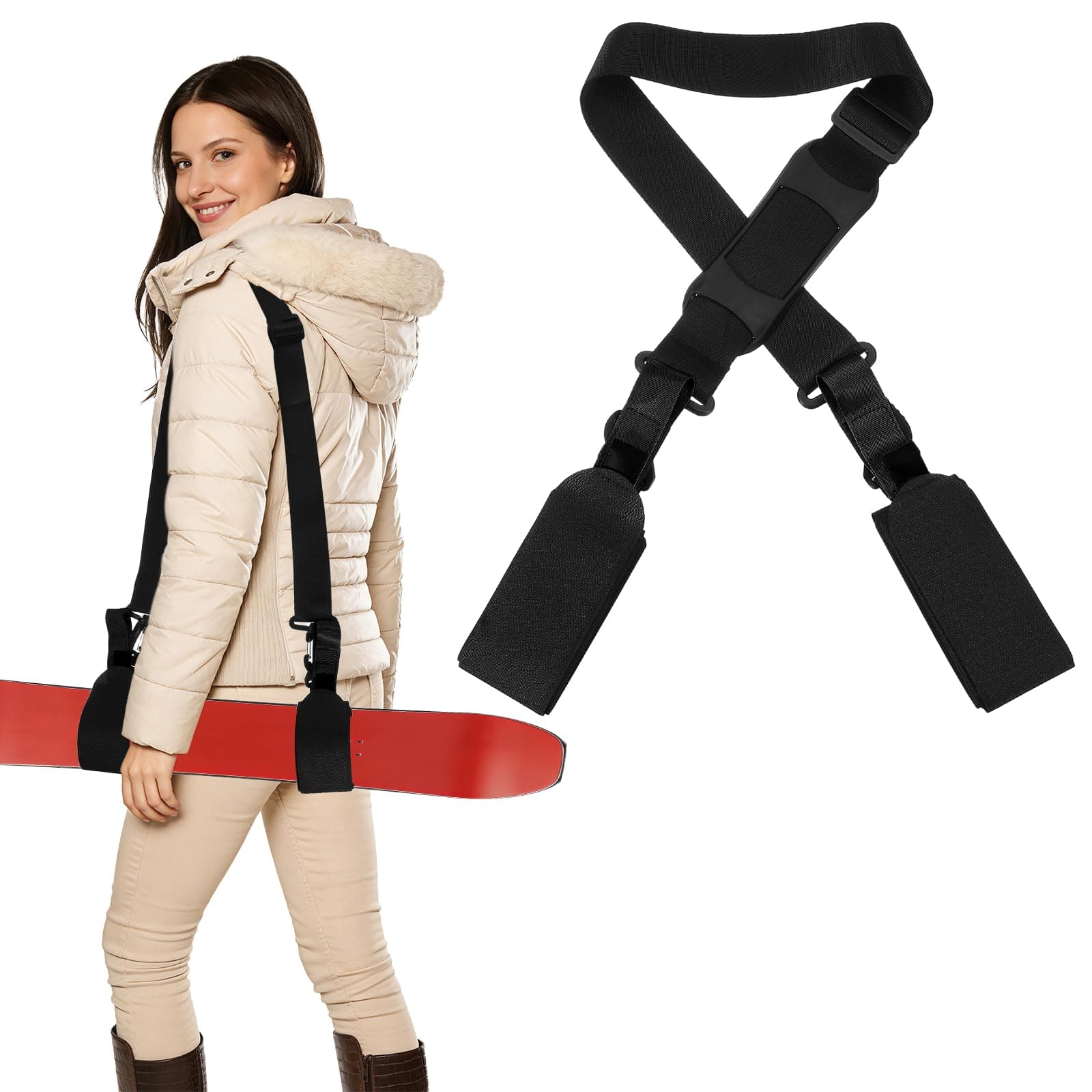 YELARXI Ski Strap, Adjustable Nylon Ski Pole Carrier Shoulder Straps Hook and Loop with EVA Pad Black & 61.8" - Fitting for (Winter Outdoor/Mountain/Downhill Skiing)