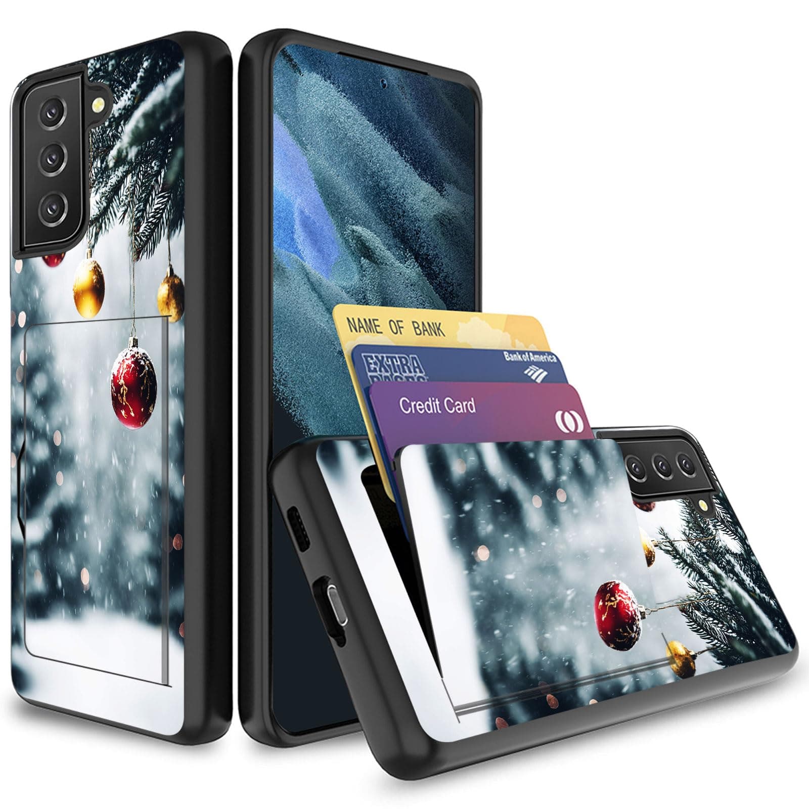 EFGWSDER for Galaxy S22 Case with Card Holder,Shockproof Armor Silicone Hybrid Rugged Protective Wallet Cover Case for Samsung Galaxy S22,Snowy Christmas