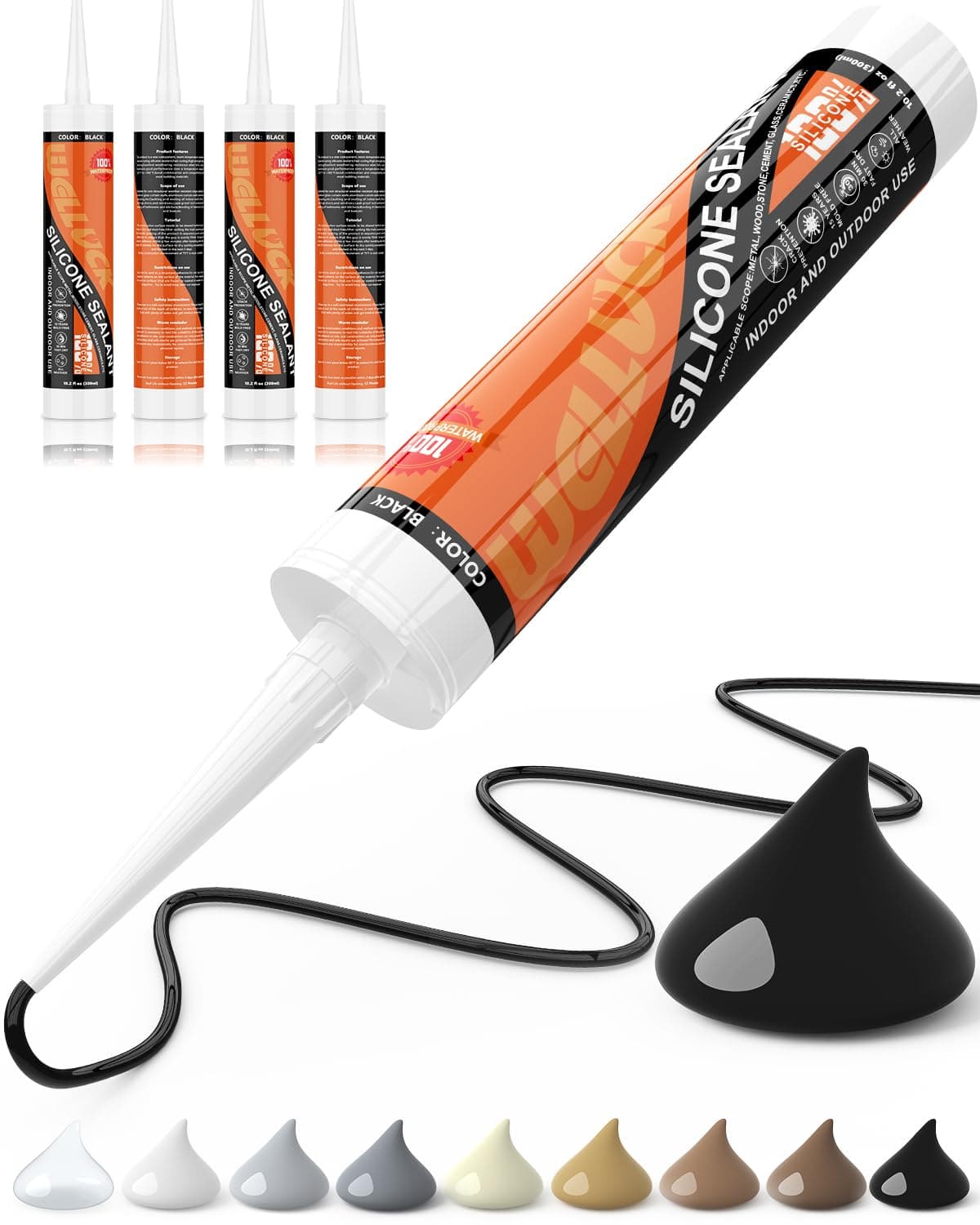 WELLUCK Black Silicone Caulk, 100% Waterproof Silicone Sealant Adhesive Caulking,for RV, Kitchen,Bathroom, Window, Door, Glass, Auto Leak Sealing 10.2FL.OZ/300ML(4 Pack)