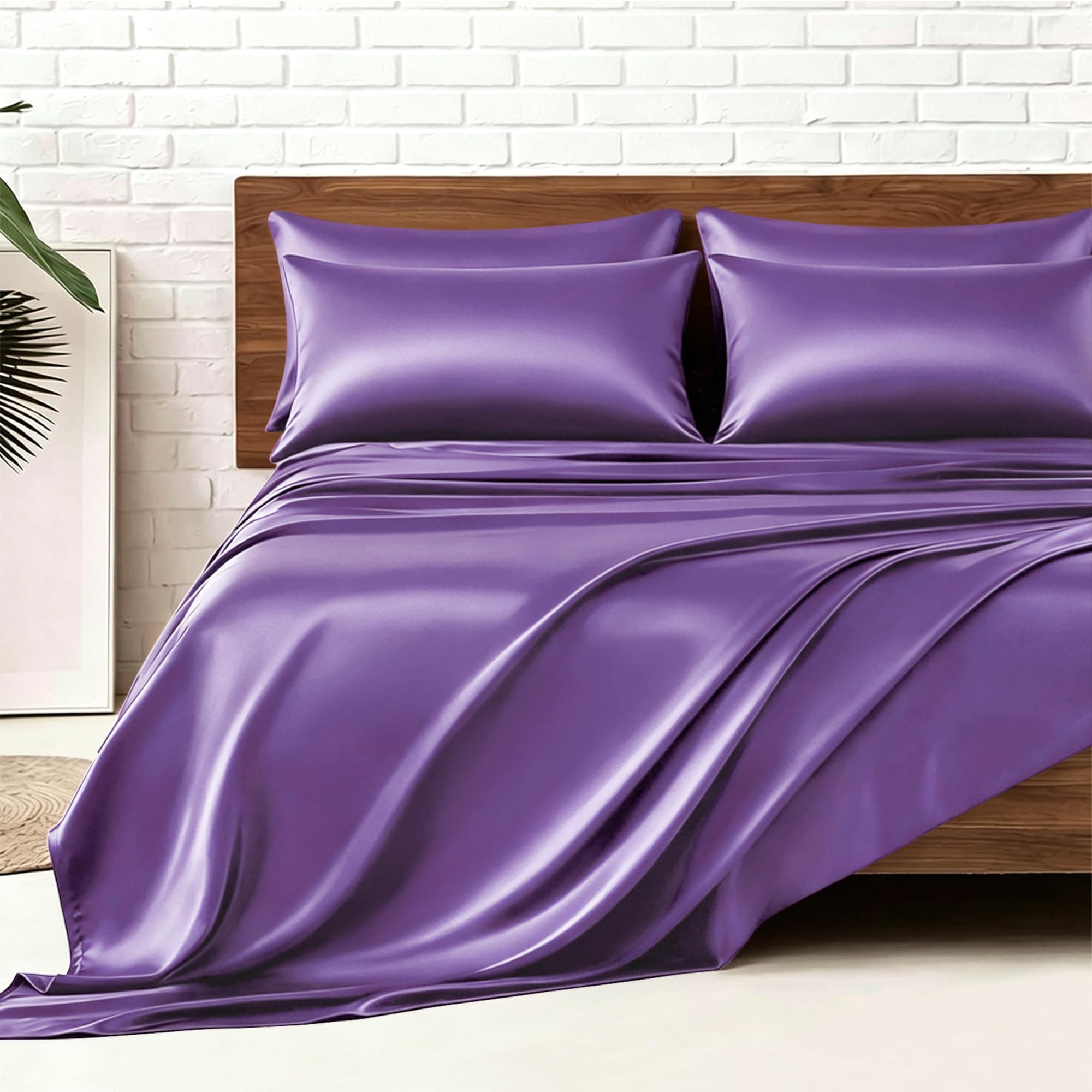 MR&HM Satin Sheets King Size with Elastic Corner Straps, Lavender