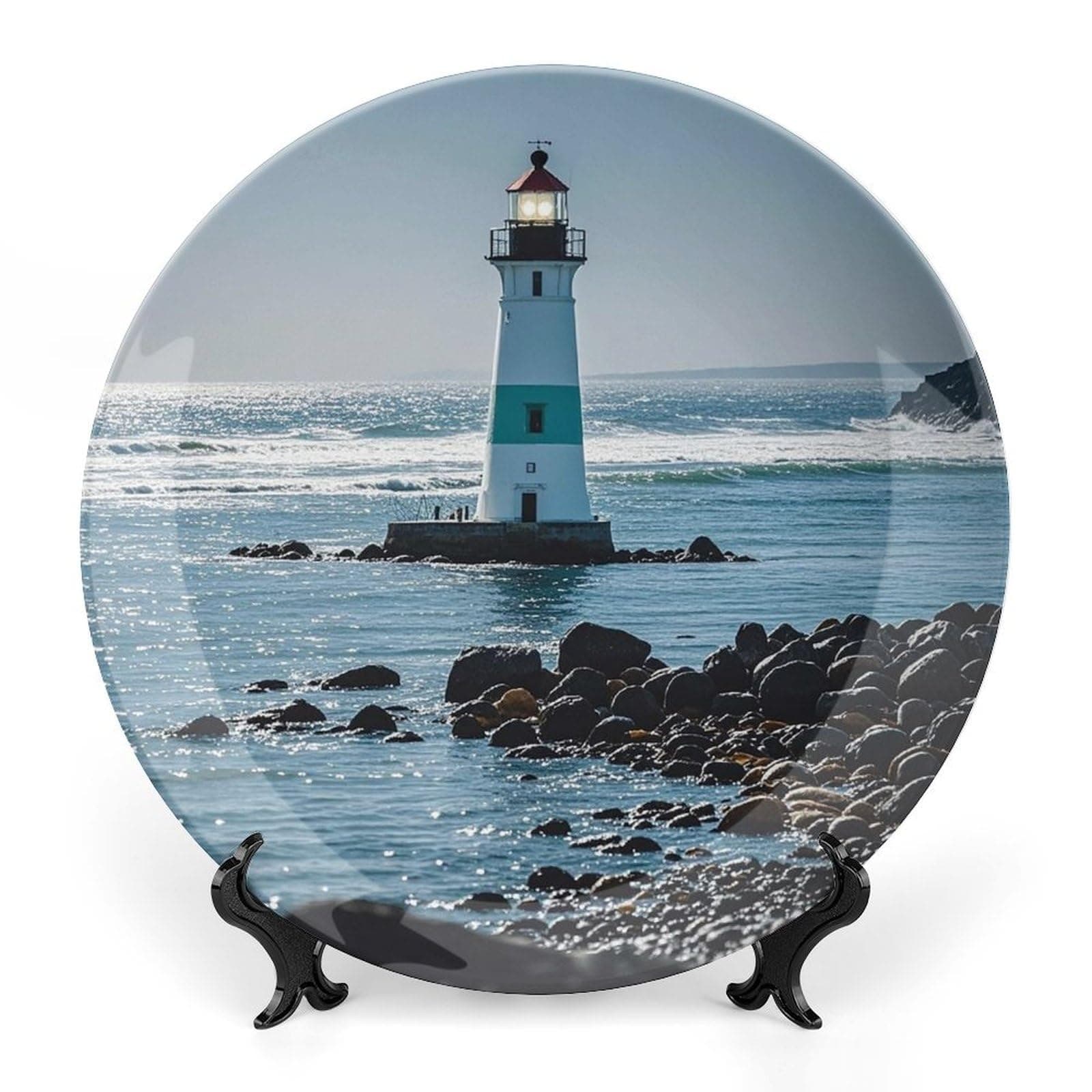 Bone China Decorative Plate 10inch Ceramic Dinner Plate Crafts Lighthouse Ocean Decorative Plates with Display Stand Hanging Porcelain Plate Round Dinner Plates for Home Office Hotel Wall Decor
