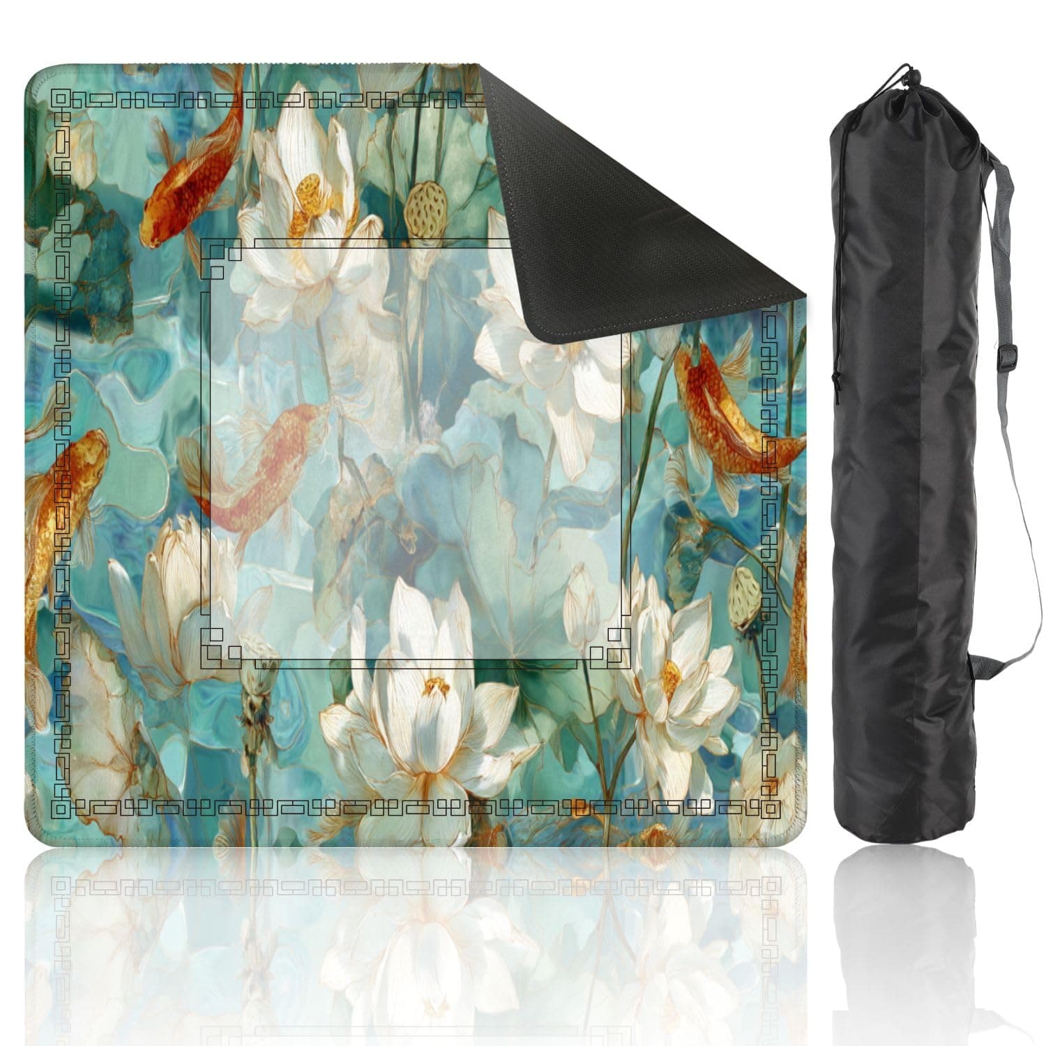 Mahjong Mat 31.5" x 31.5" Watercolor Pond Art Print Japanese Lotus Fish Non-Slip Noise Reduction Mahjong Tiles Table Cover for Dominoes Poker Card Board and Tile Games